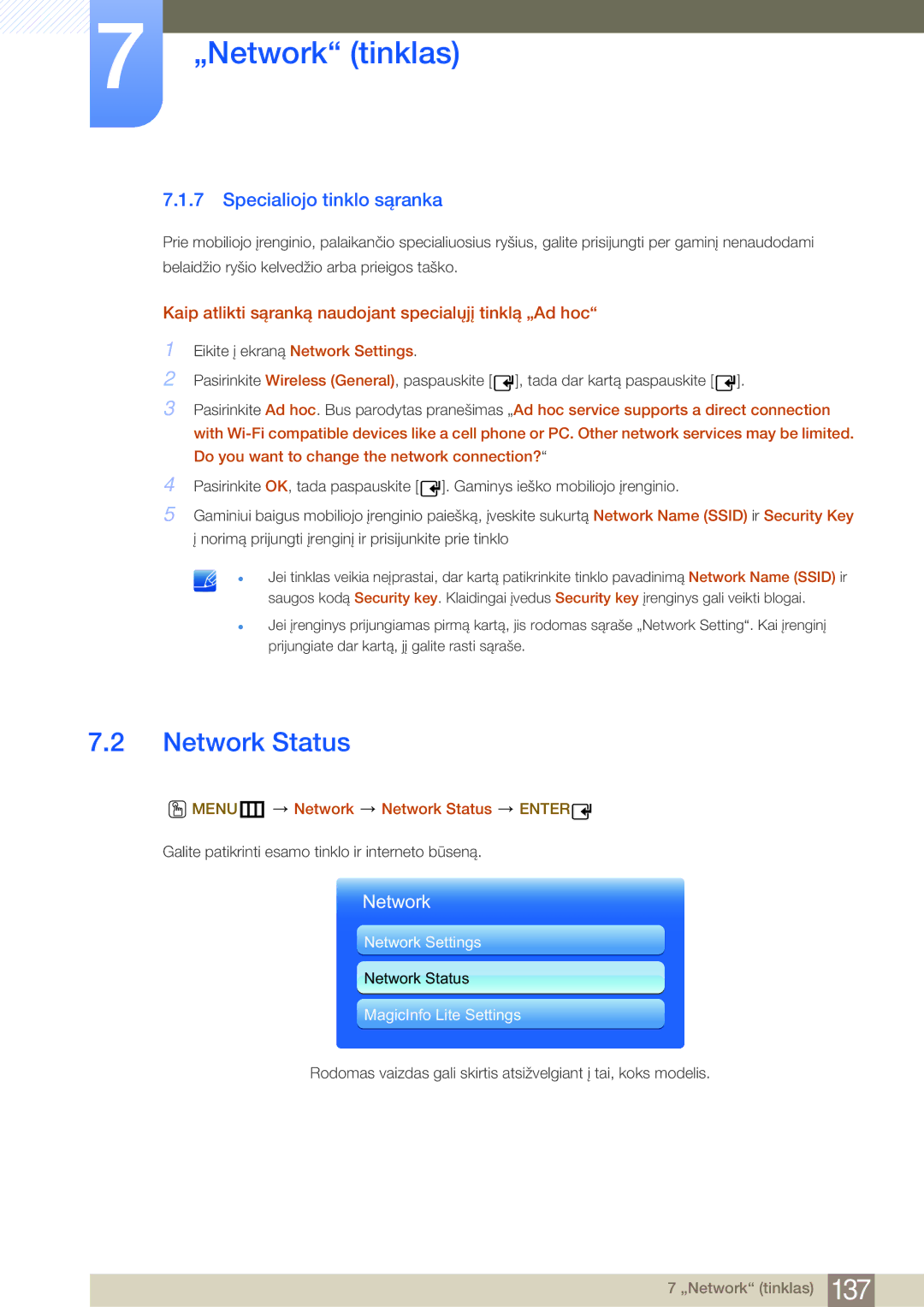 Samsung LH40MDBPLGC/EN, LH55MDBPLGC/EN, LH46MDBPLGC/EN Specialiojo tinklo sąranka, MENUm Network Network Status Enter 