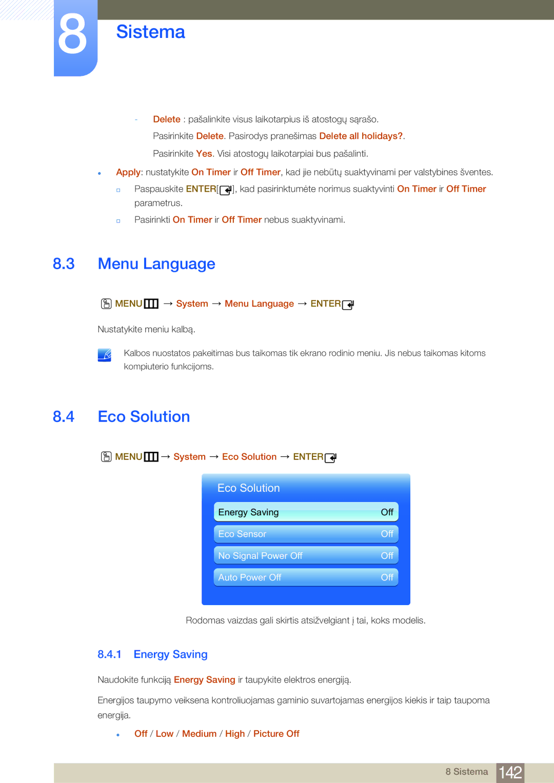 Samsung LH46MDBPLGC/EN, LH55MDBPLGC/EN, LH40MDBPLGC/EN, LH32MDBPLGC/EN manual Menu Language, Eco Solution, Energy Saving 