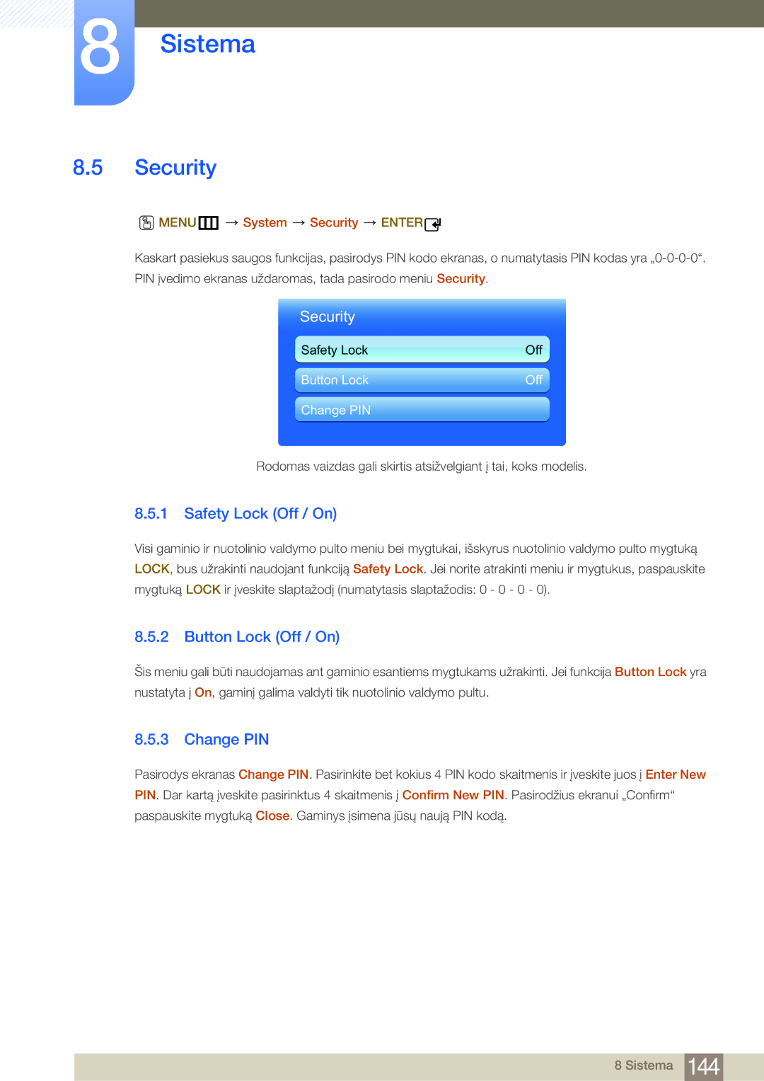 Samsung LH55MDBPLGC/EN, LH40MDBPLGC/EN, LH46MDBPLGC/EN Security, Safety Lock Off / On, Button Lock Off / On, Change PIN 