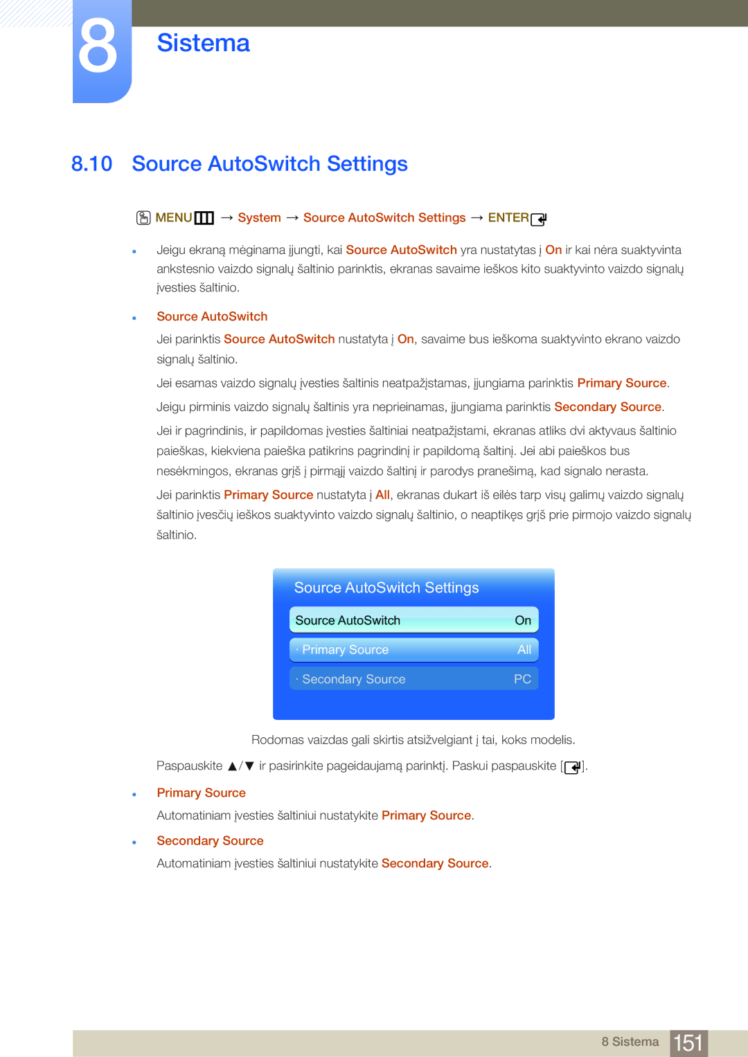 Samsung LH32MDBPLGC/EN, LH55MDBPLGC/EN, LH40MDBPLGC/EN MENUm System Source AutoSwitch Settings Enter, Secondary Source 