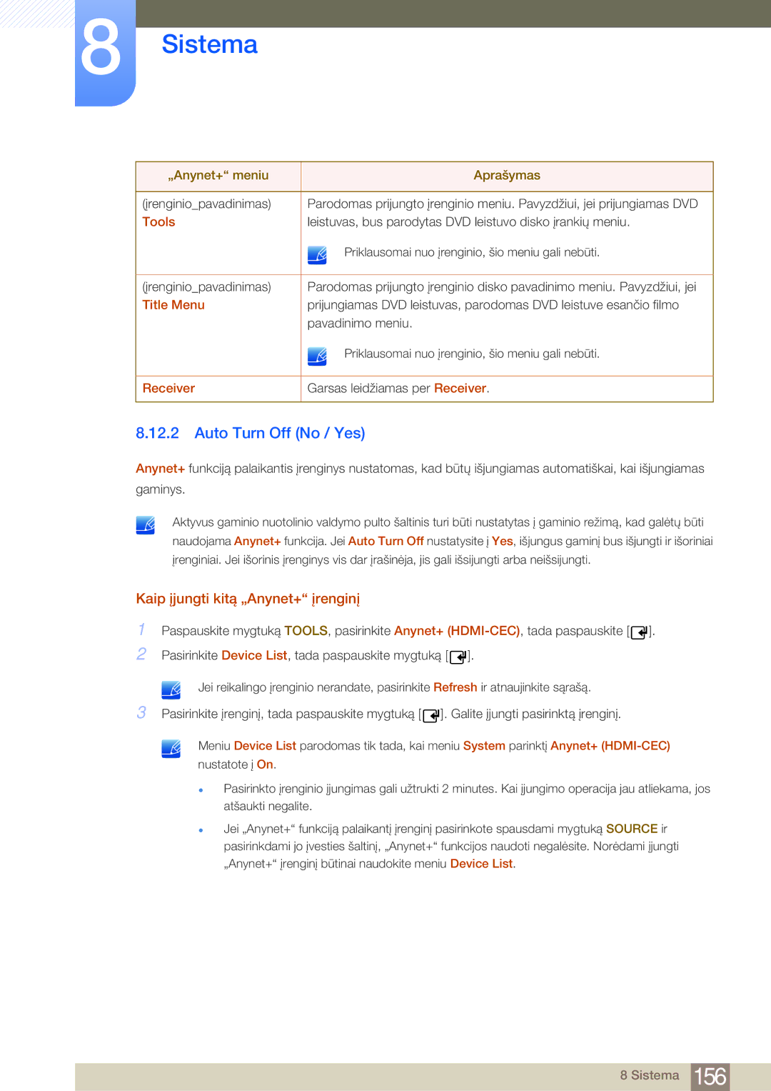 Samsung LH55MDBPLGC/EN manual Auto Turn Off No / Yes, Kaip įjungti kitą „Anynet+ įrenginį, Tools, Title Menu, Receiver 