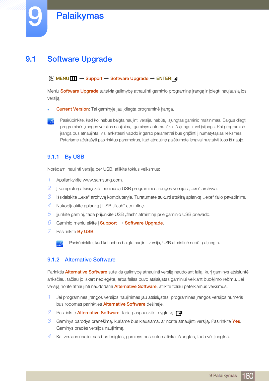 Samsung LH55MDBPLGC/EN, LH40MDBPLGC/EN, LH46MDBPLGC/EN manual Palaikymas, Software Upgrade, By USB, Alternative Software 