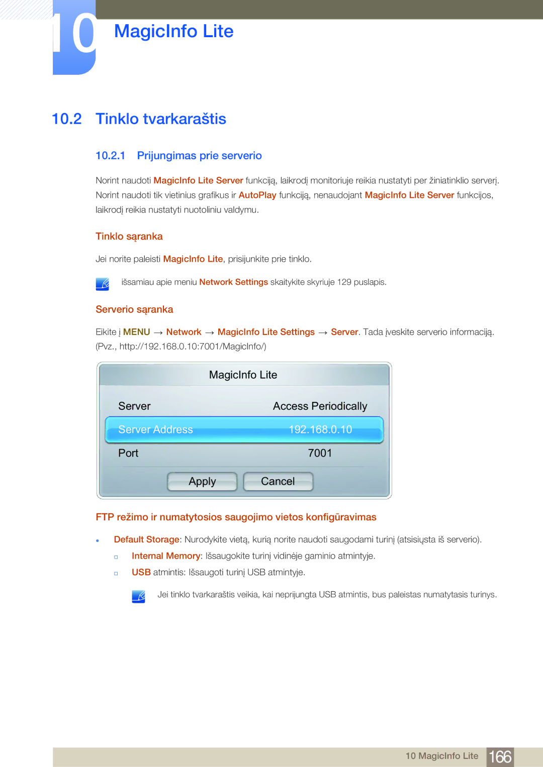 Samsung LH46MDBPLGC/EN, LH55MDBPLGC/EN manual Tinklo tvarkaraštis, Prijungimas prie serverio, Server Address 192.168.0.10 