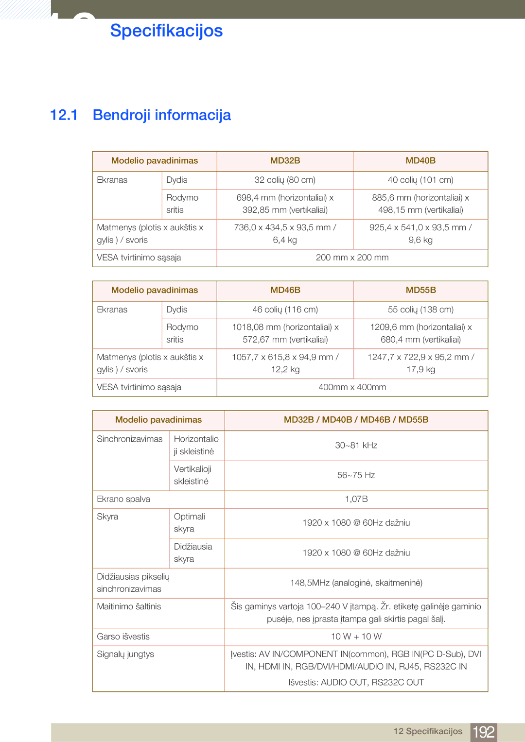 Samsung LH55MDBPLGC/EN, LH40MDBPLGC/EN, LH46MDBPLGC/EN, LH32MDBPLGC/EN manual Specifikacijos, Bendroji informacija 