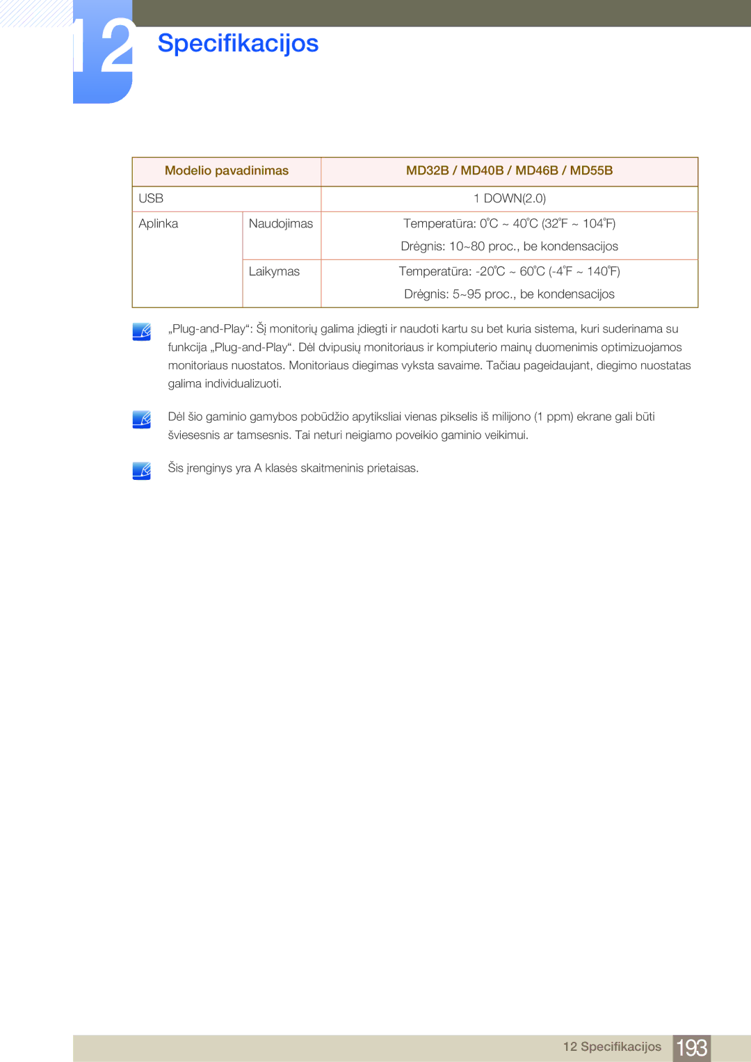 Samsung LH40MDBPLGC/EN, LH55MDBPLGC/EN, LH46MDBPLGC/EN, LH32MDBPLGC/EN manual Aplinka Naudojimas 