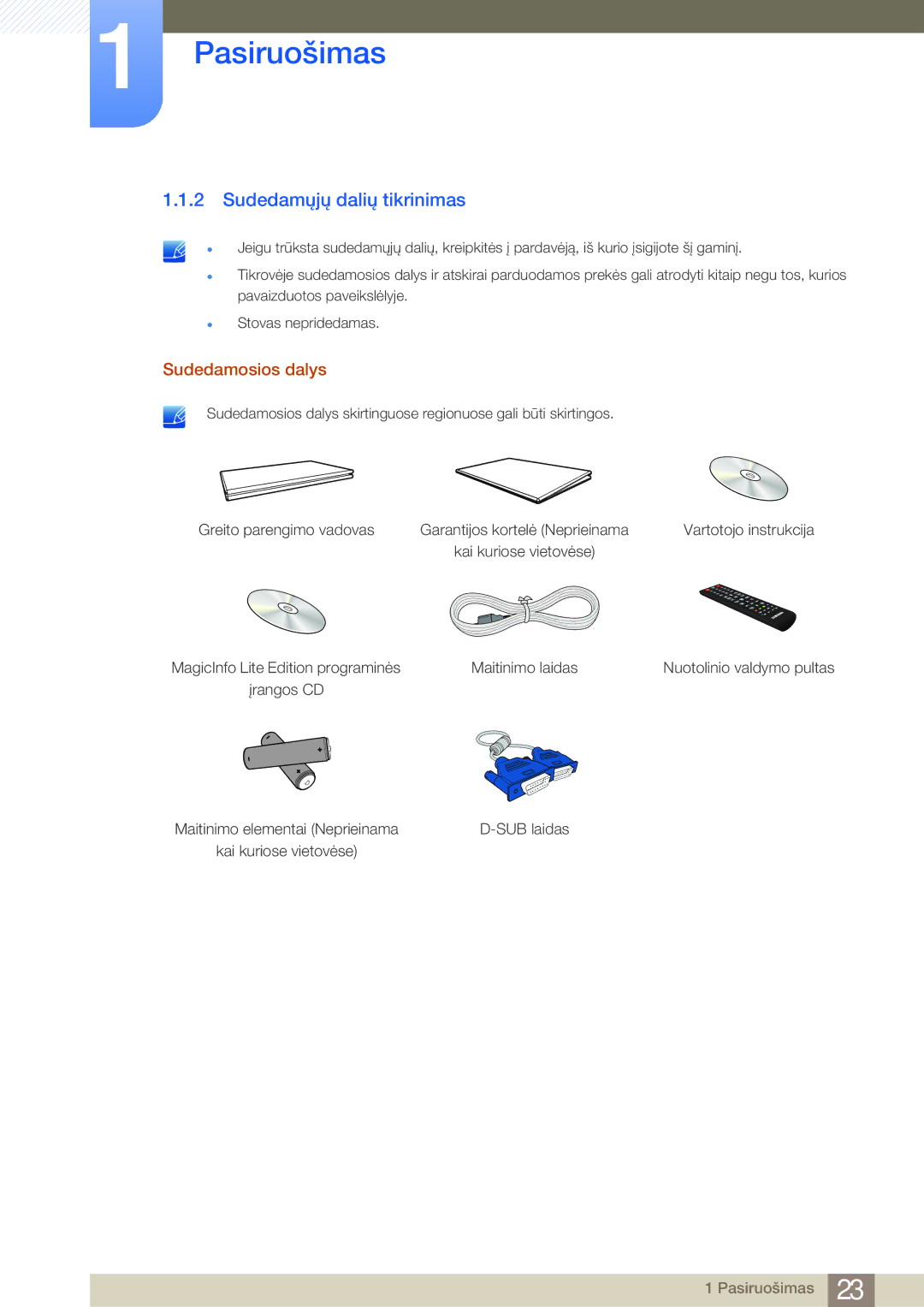 Samsung LH32MDBPLGC/EN, LH55MDBPLGC/EN, LH40MDBPLGC/EN, LH46MDBPLGC/EN manual Sudedamųjų dalių tikrinimas, Sudedamosios dalys 