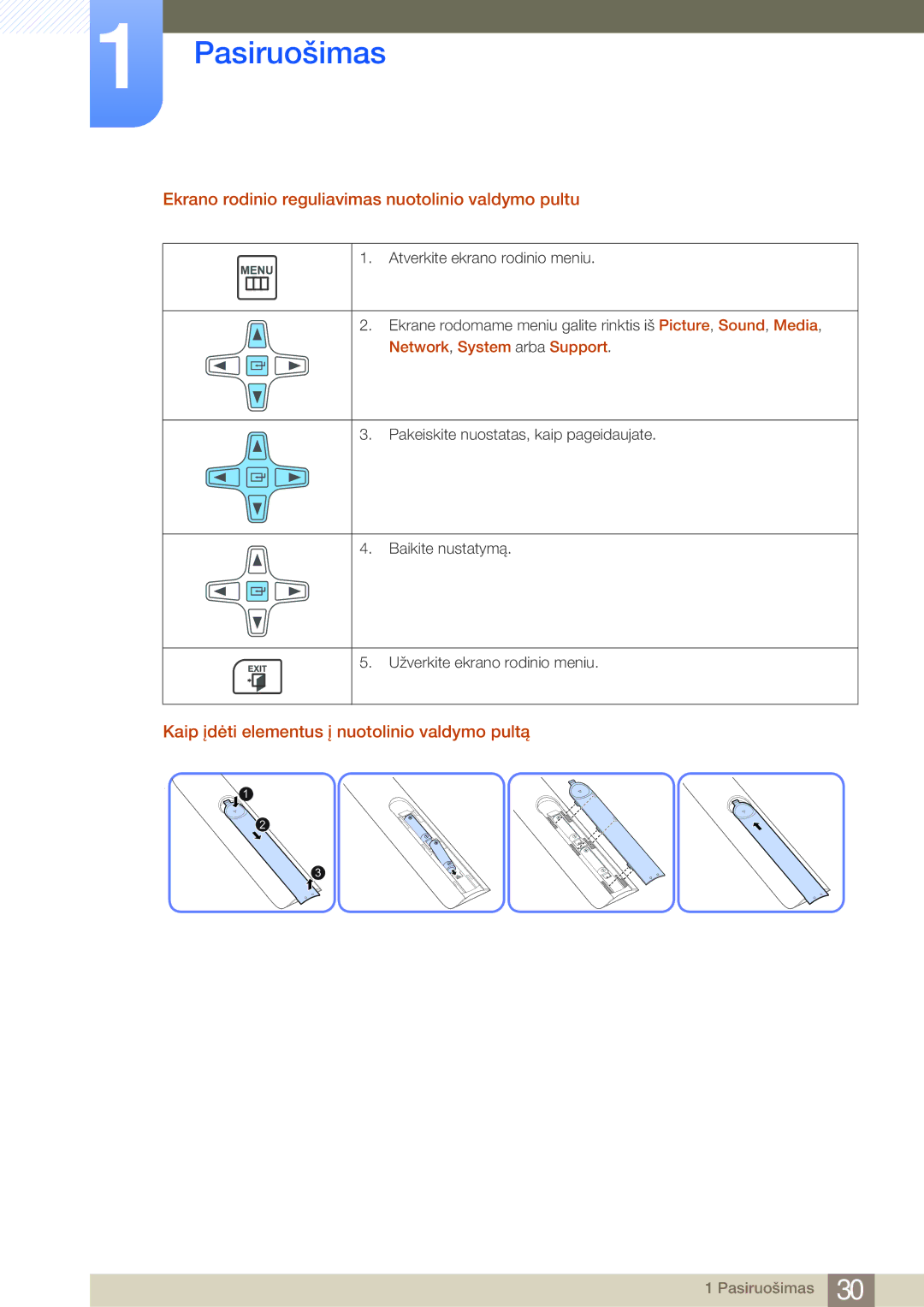 Samsung LH46MDBPLGC/EN, LH55MDBPLGC/EN Ekrano rodinio reguliavimas nuotolinio valdymo pultu, Network, System arba Support 