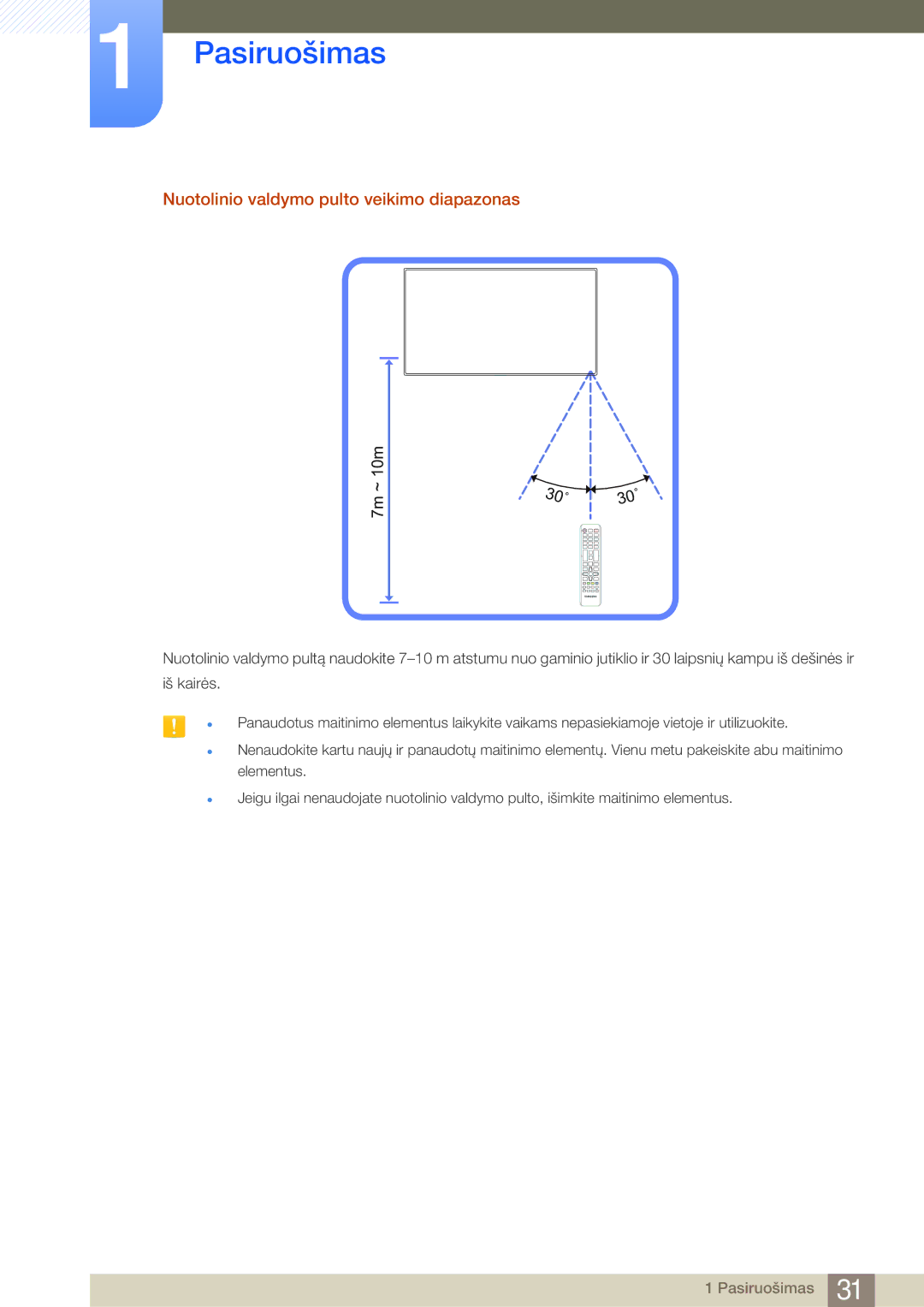 Samsung LH32MDBPLGC/EN, LH55MDBPLGC/EN, LH40MDBPLGC/EN, LH46MDBPLGC/EN Nuotolinio valdymo pulto veikimo diapazonas, 7m ~ 10m 