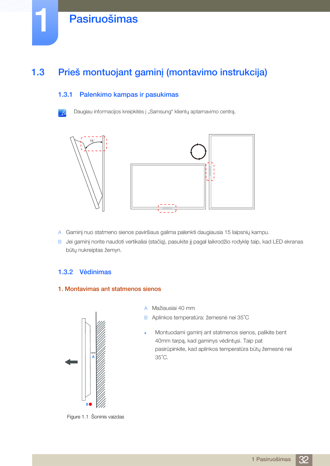 Samsung LH55MDBPLGC/EN manual Prieš montuojant gaminį montavimo instrukcija, Palenkimo kampas ir pasukimas, 2 Vėdinimas 