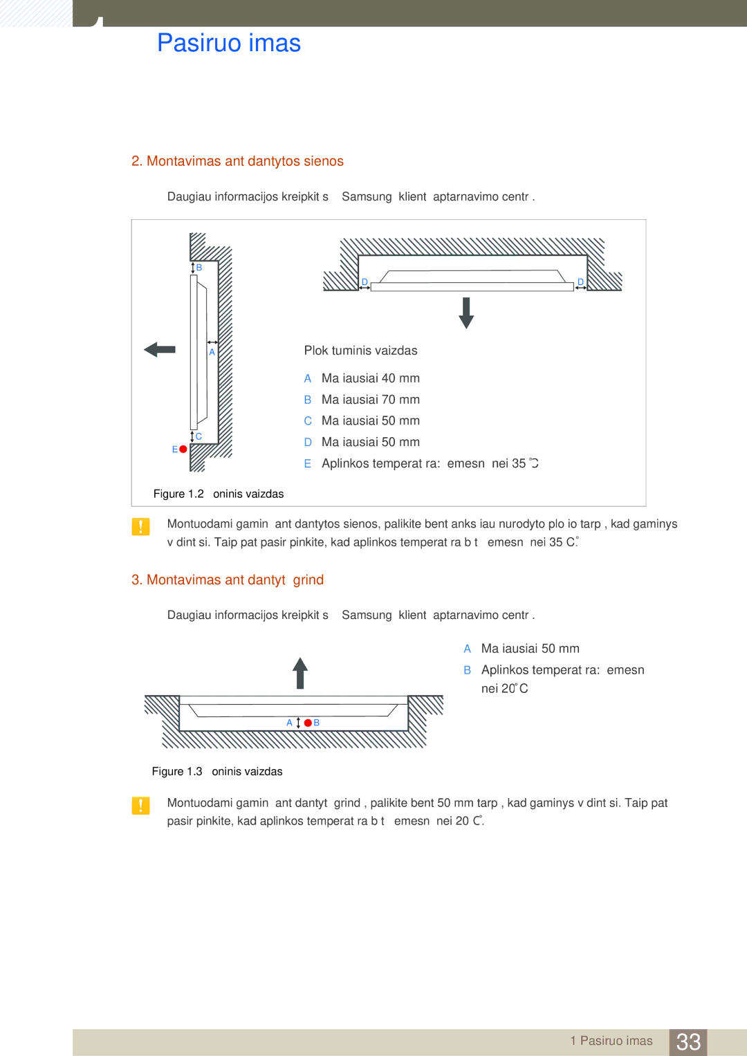 Samsung LH40MDBPLGC/EN, LH55MDBPLGC/EN, LH46MDBPLGC/EN manual Montavimas ant dantytos sienos, Montavimas ant dantytų grindų 