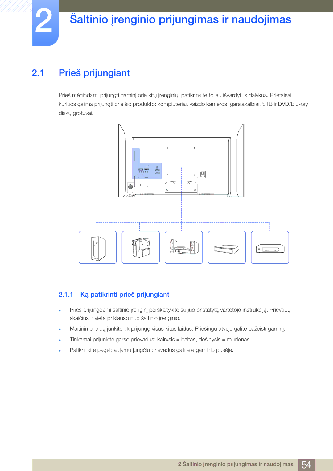 Samsung LH46MDBPLGC/EN Šaltinio įrenginio prijungimas ir naudojimas, Prieš prijungiant, 1 Ką patikrinti prieš prijungiant 