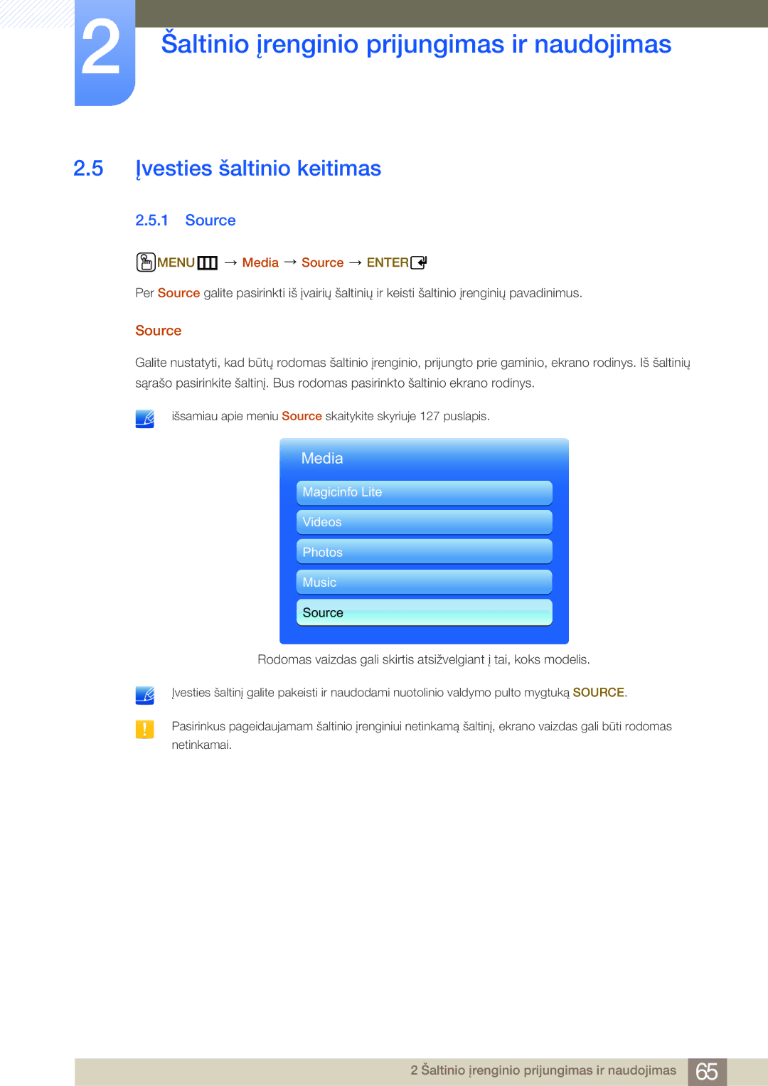 Samsung LH40MDBPLGC/EN, LH55MDBPLGC/EN, LH46MDBPLGC/EN manual Įvesties šaltinio keitimas, MENUm Media Source Enter 