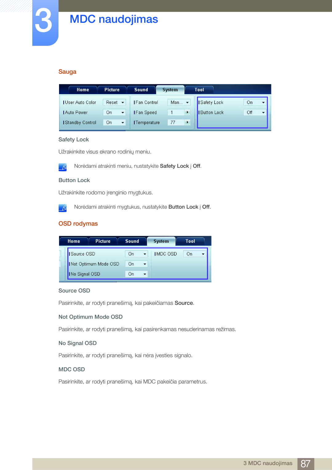 Samsung LH32MDBPLGC/EN, LH55MDBPLGC/EN, LH40MDBPLGC/EN manual Sauga, OSD rodymas, Safety Lock, Button Lock, Source OSD 