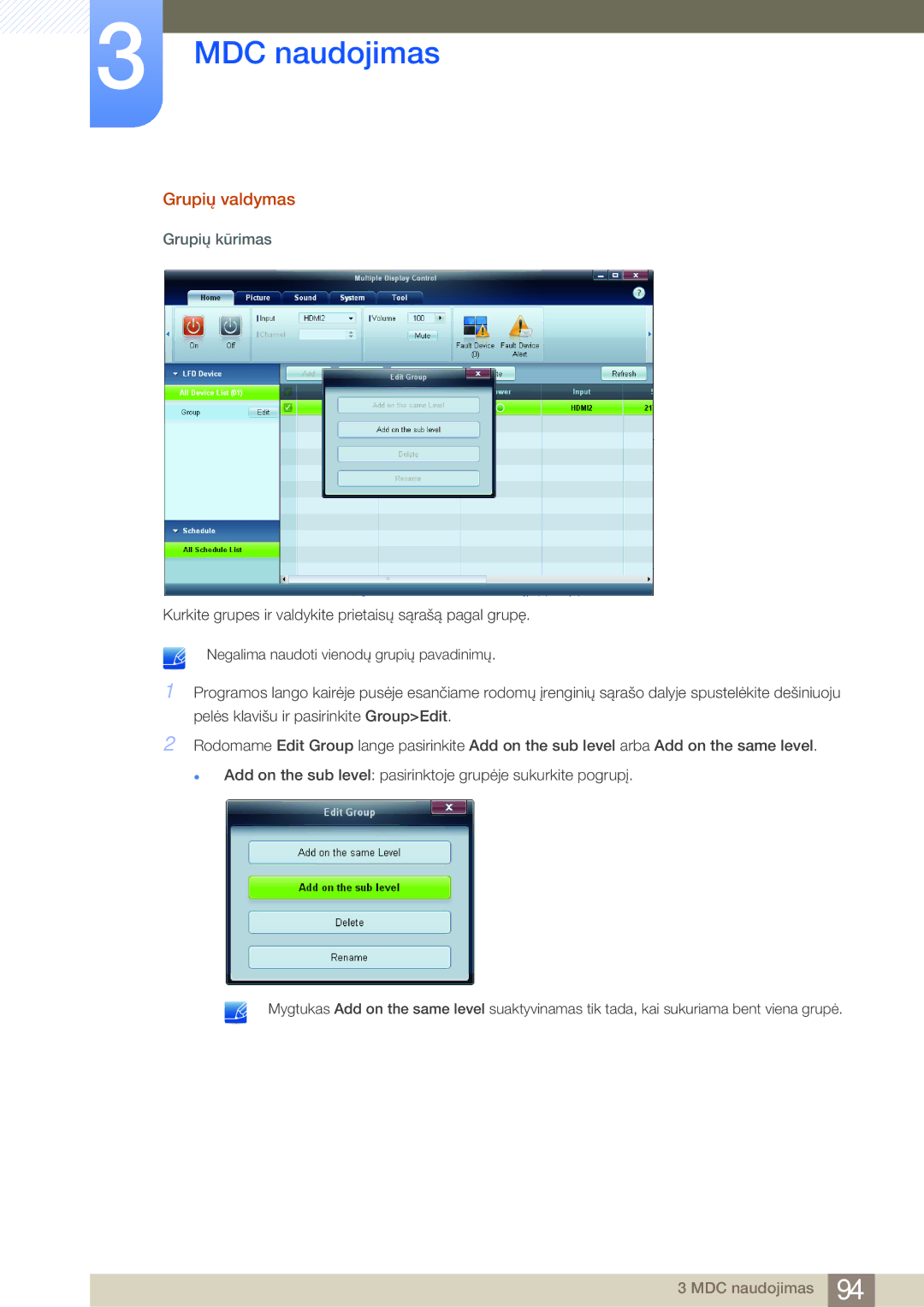Samsung LH46MDBPLGC/EN, LH55MDBPLGC/EN, LH40MDBPLGC/EN, LH32MDBPLGC/EN manual Grupių valdymas, Grupių kūrimas 
