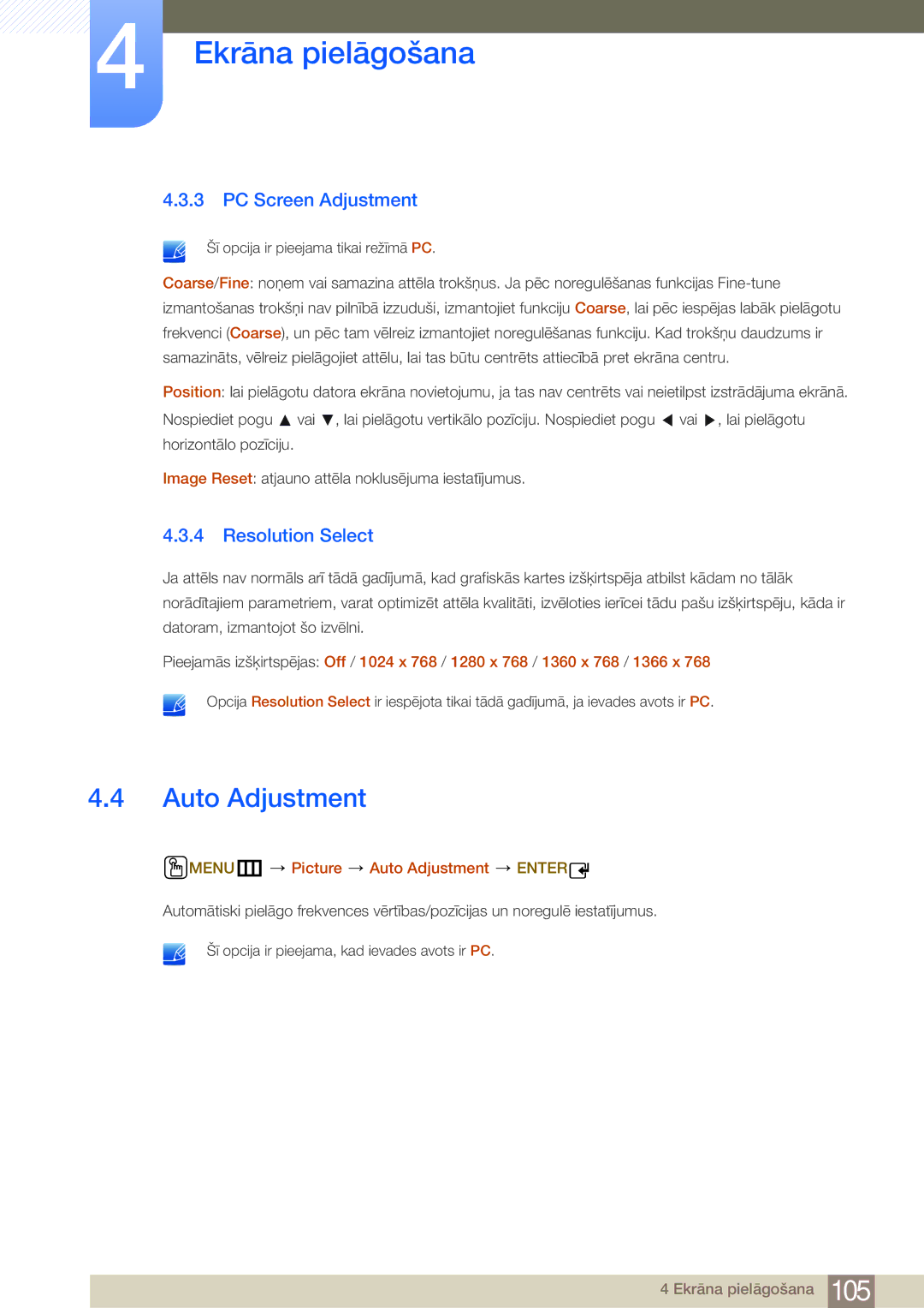 Samsung LH40MDBPLGC/EN, LH55MDBPLGC/EN PC Screen Adjustment, Resolution Select, Menu m Picture Auto Adjustment Enter 
