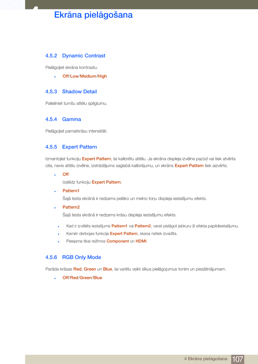Samsung LH32MDBPLGC/EN, LH55MDBPLGC/EN manual Dynamic Contrast, Shadow Detail, Gamma, Expert Pattern, RGB Only Mode 