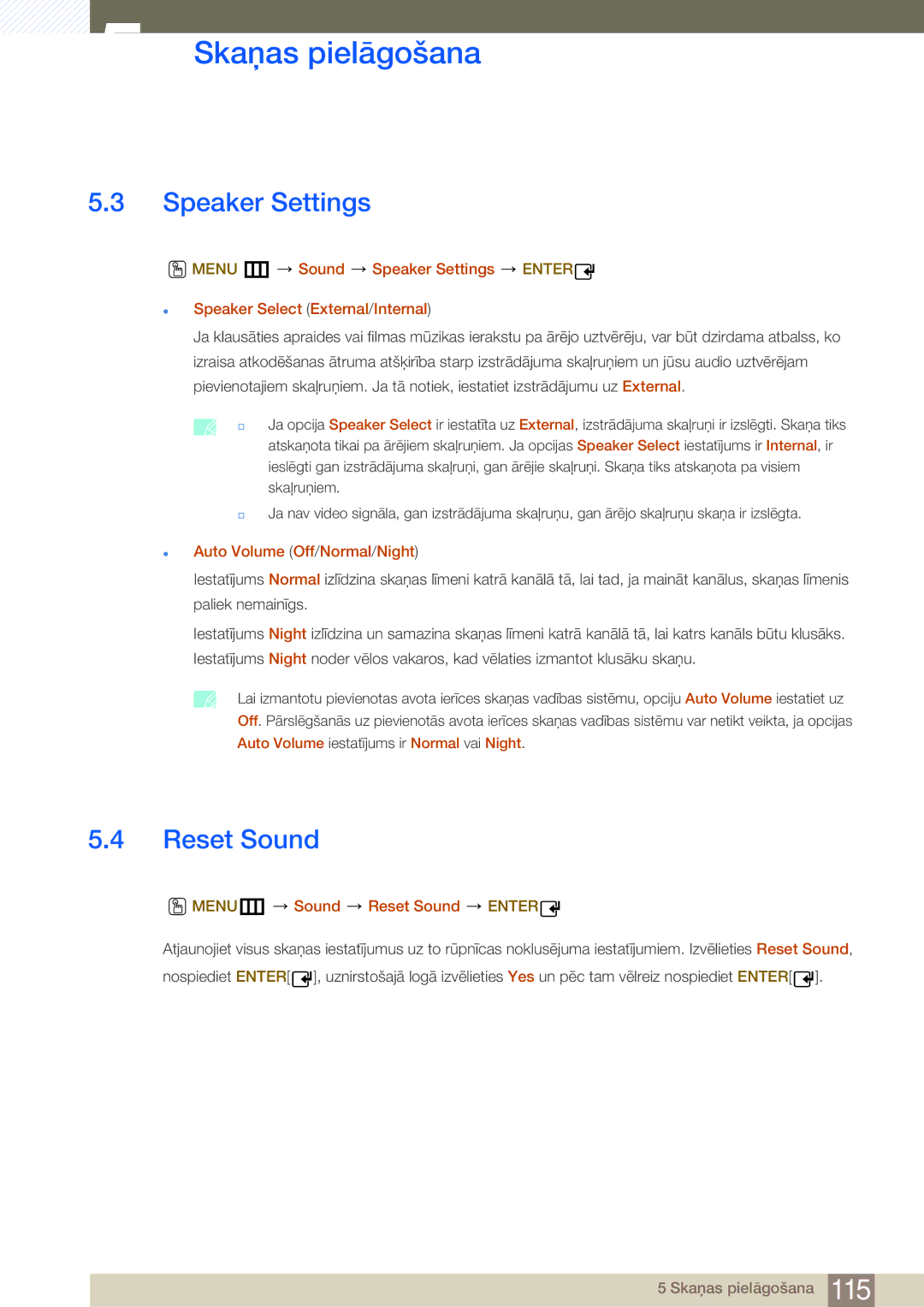 Samsung LH32MDBPLGC/EN, LH55MDBPLGC/EN Speaker Settings,  Auto Volume Off/Normal/Night, MENUm Sound Reset Sound Enter 