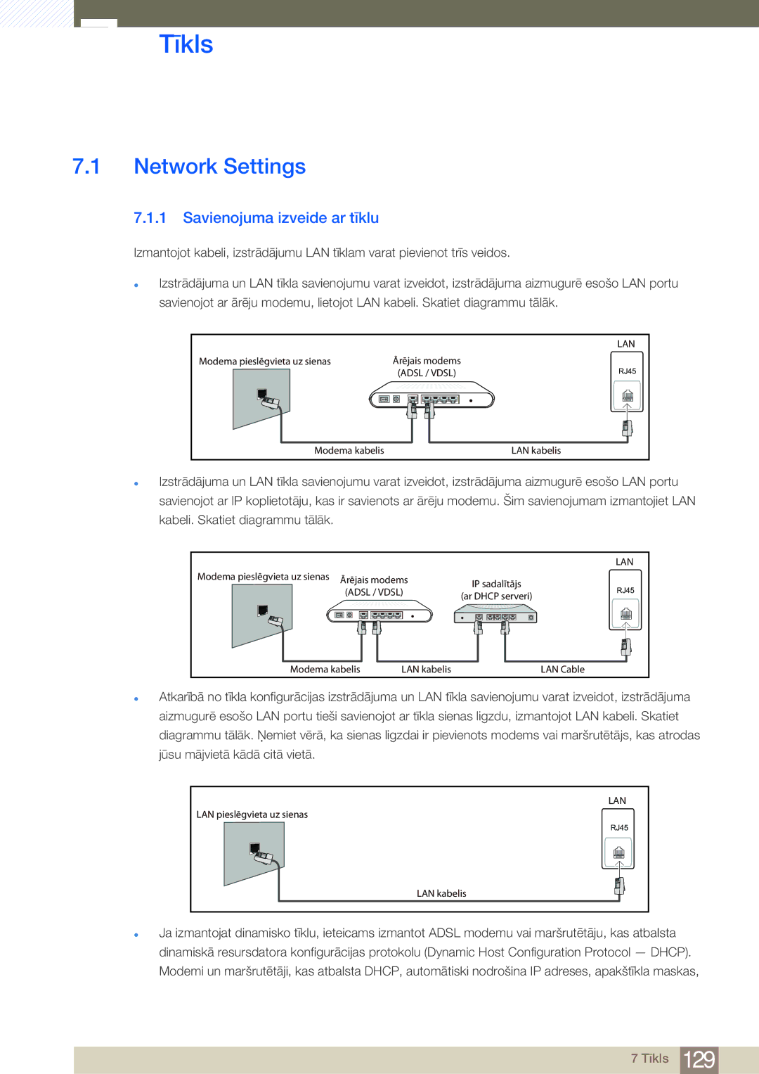 Samsung LH40MDBPLGC/EN, LH55MDBPLGC/EN, LH46MDBPLGC/EN, LH32MDBPLGC/EN Tīkls, Network Settings, Savienojuma izveide ar tīklu 