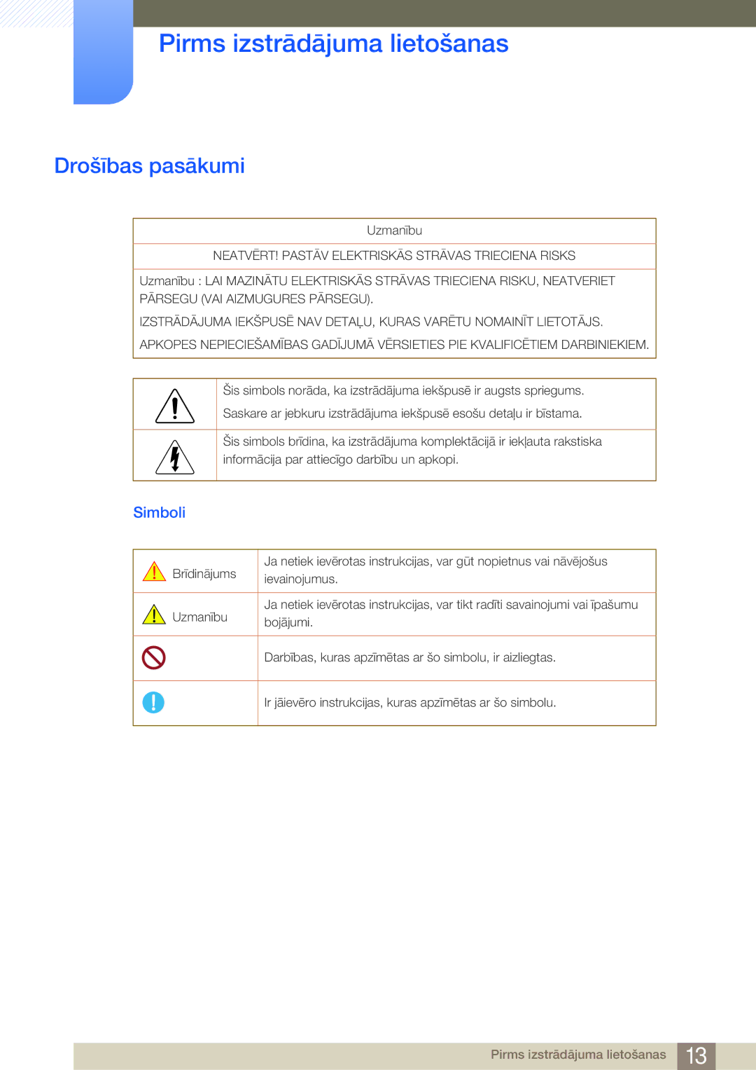 Samsung LH40MDBPLGC/EN, LH55MDBPLGC/EN, LH46MDBPLGC/EN, LH32MDBPLGC/EN manual Drošības pasākumi, Simboli 