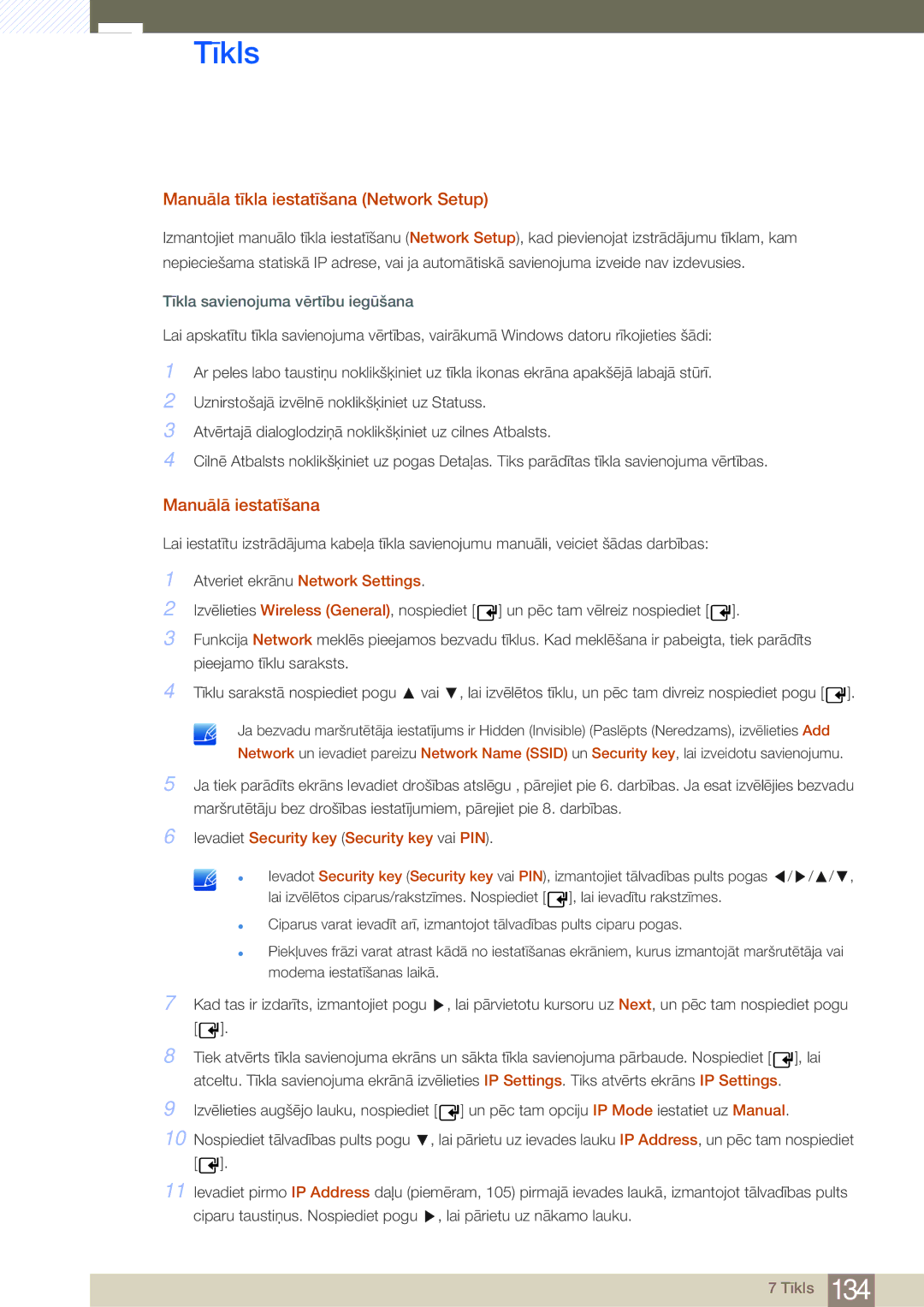 Samsung LH46MDBPLGC/EN, LH55MDBPLGC/EN, LH40MDBPLGC/EN manual Manuāla tīkla iestatīšana Network Setup, Manuālā iestatīšana 