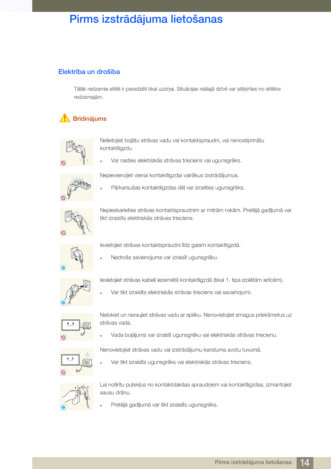 Samsung LH46MDBPLGC/EN, LH55MDBPLGC/EN, LH40MDBPLGC/EN, LH32MDBPLGC/EN manual Elektrība un drošība, Brīdinājums 