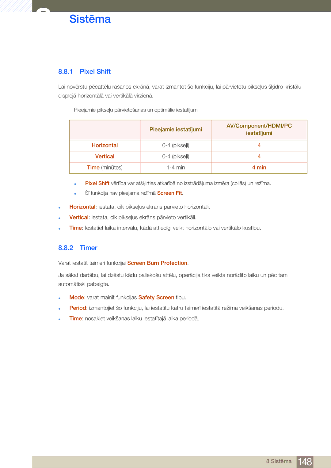 Samsung LH55MDBPLGC/EN, LH40MDBPLGC/EN, LH46MDBPLGC/EN, LH32MDBPLGC/EN manual Pixel Shift, Timer, Horizontal, Vertical, Min 