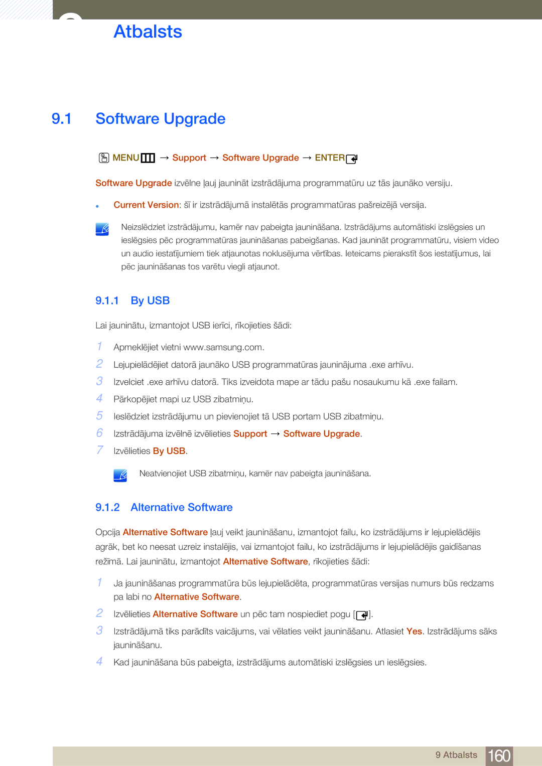 Samsung LH55MDBPLGC/EN, LH40MDBPLGC/EN Atbalsts, By USB, Alternative Software, MENUm Support Software Upgrade Enter 