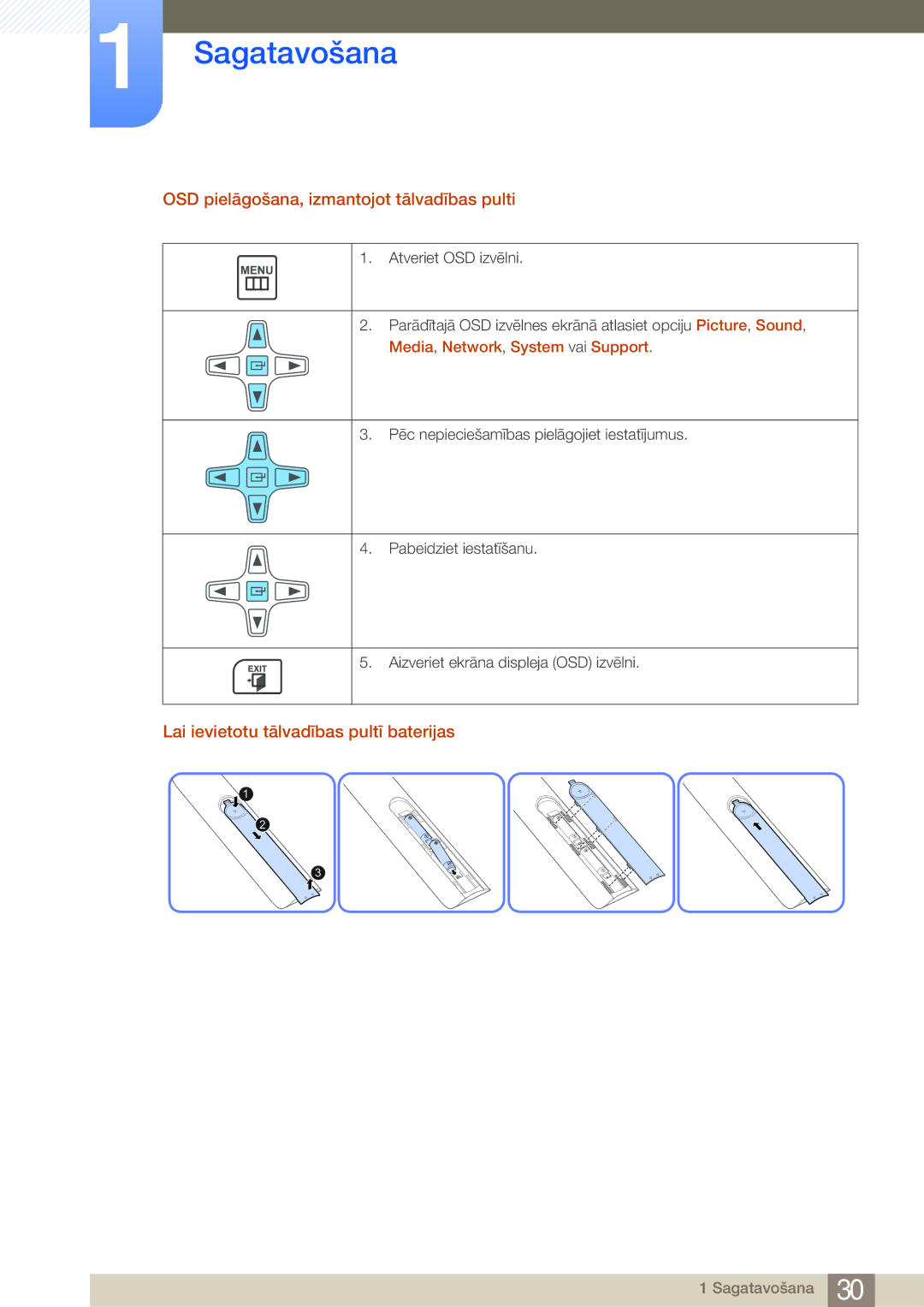 Samsung LH46MDBPLGC/EN manual OSD pielāgošana, izmantojot tālvadības pulti, Lai ievietotu tālvadības pultī baterijas 