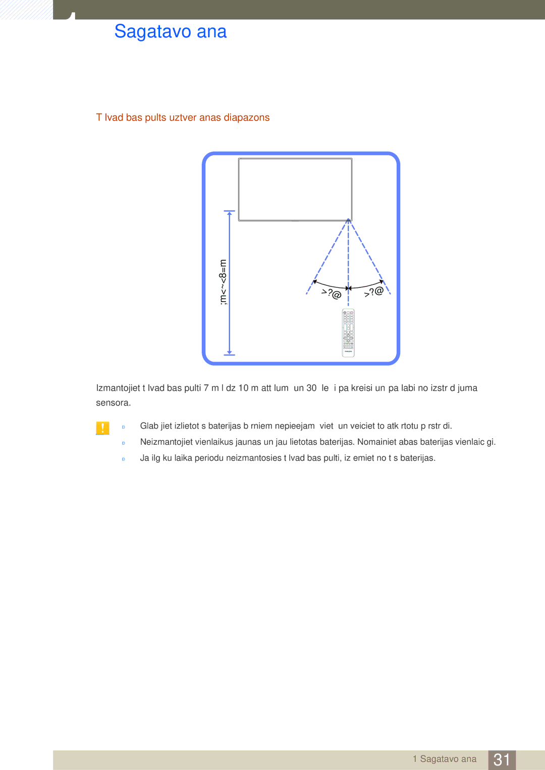 Samsung LH32MDBPLGC/EN, LH55MDBPLGC/EN, LH40MDBPLGC/EN, LH46MDBPLGC/EN manual Tālvadības pults uztveršanas diapazons, 7m ~ 10m 