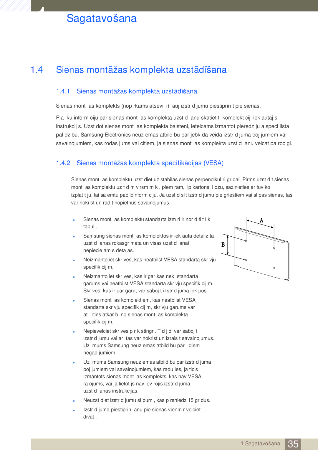 Samsung LH32MDBPLGC/EN manual Sienas montāžas komplekta uzstādīšana, Sienas montāžas komplekta specifikācijas Vesa 