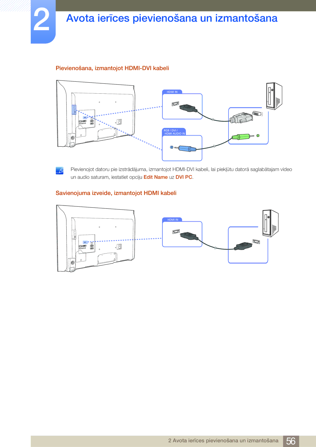 Samsung LH55MDBPLGC/EN manual Pievienošana, izmantojot HDMI-DVI kabeli, Savienojuma izveide, izmantojot Hdmi kabeli 