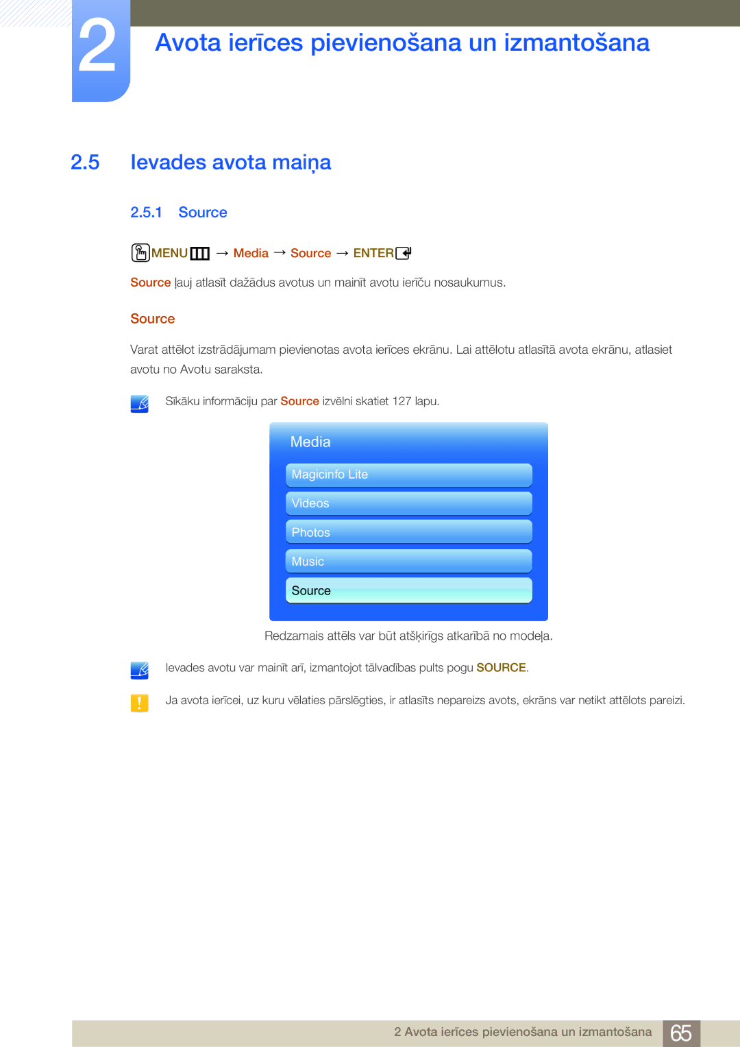 Samsung LH40MDBPLGC/EN, LH55MDBPLGC/EN, LH46MDBPLGC/EN, LH32MDBPLGC/EN Ievades avota maiņa, MENUm Media Source Enter 