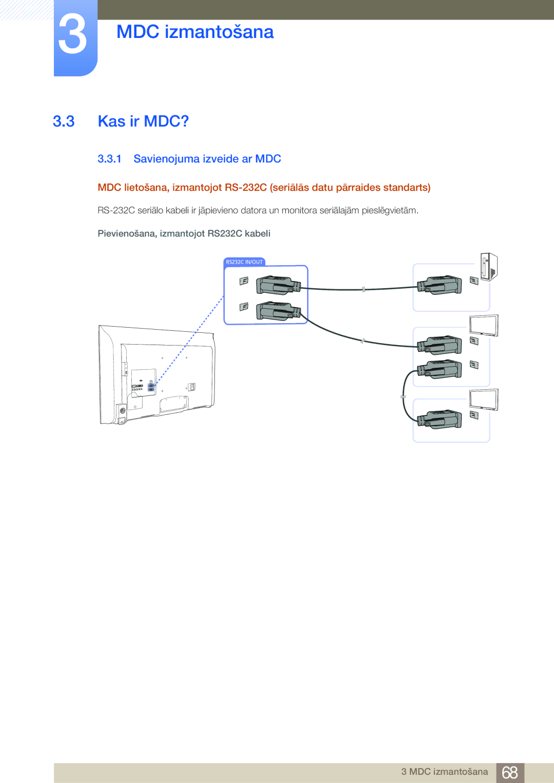 Samsung LH55MDBPLGC/EN, LH40MDBPLGC/EN Kas ir MDC?, Savienojuma izveide ar MDC, Pievienošana, izmantojot RS232C kabeli 