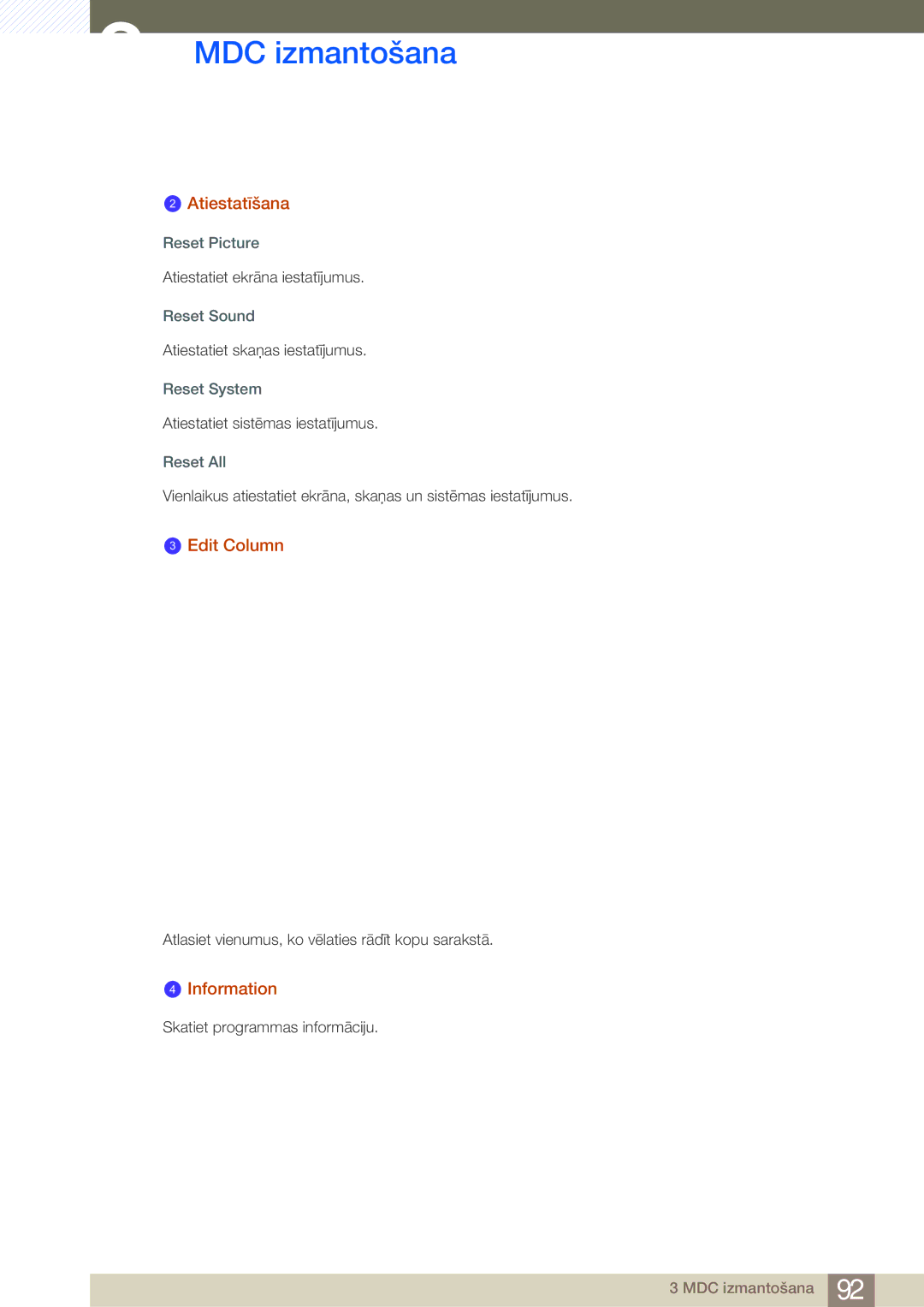 Samsung LH55MDBPLGC/EN, LH40MDBPLGC/EN, LH46MDBPLGC/EN, LH32MDBPLGC/EN manual Atiestatīšana, Edit Column, Information 