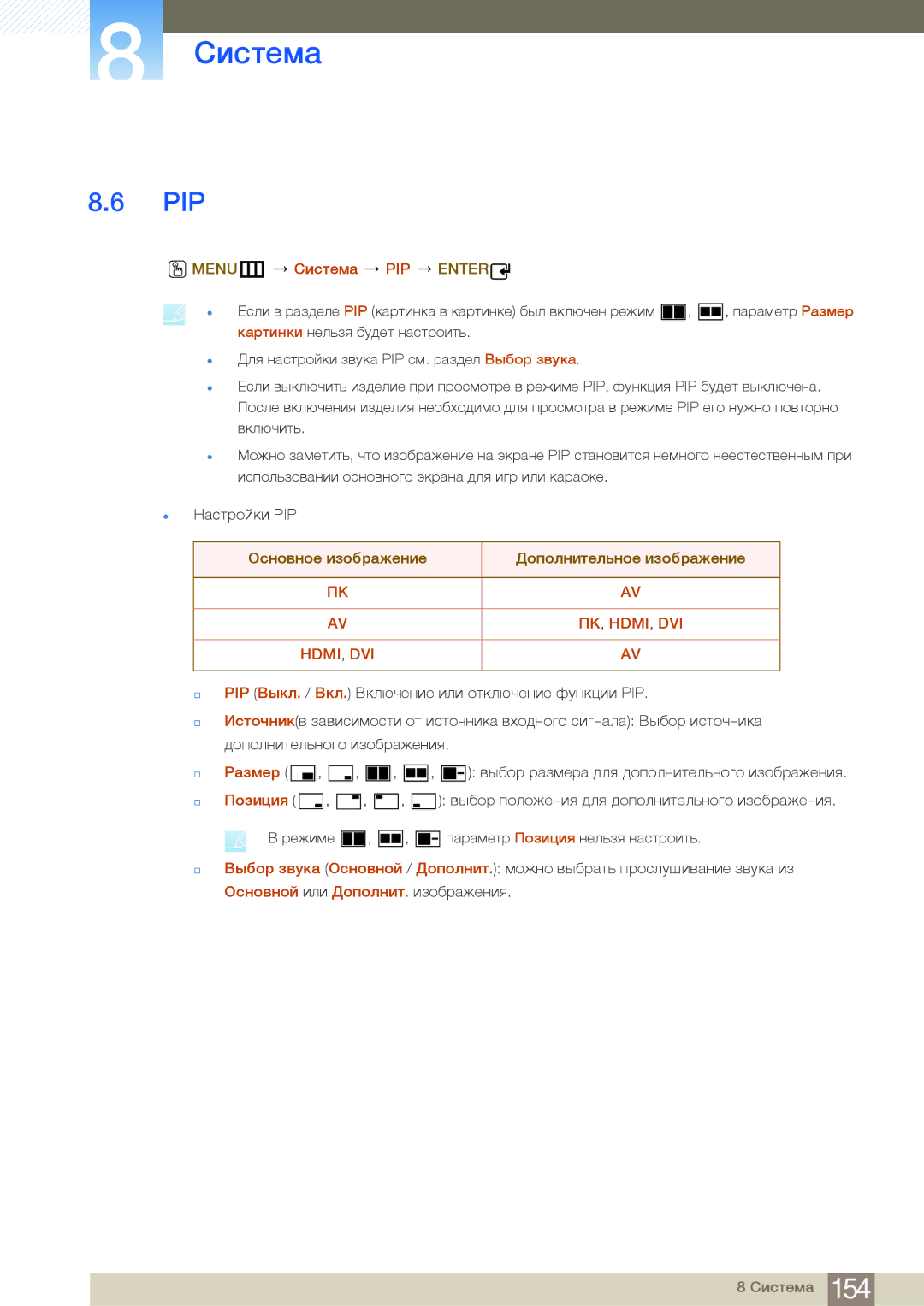 Samsung LH46MDBPLGC/EN, LH55MDBPLGC/EN, LH40MDBPLGC/EN, LH32MDBPLGC/EN manual Pip, MENUm Система PIP Enter 