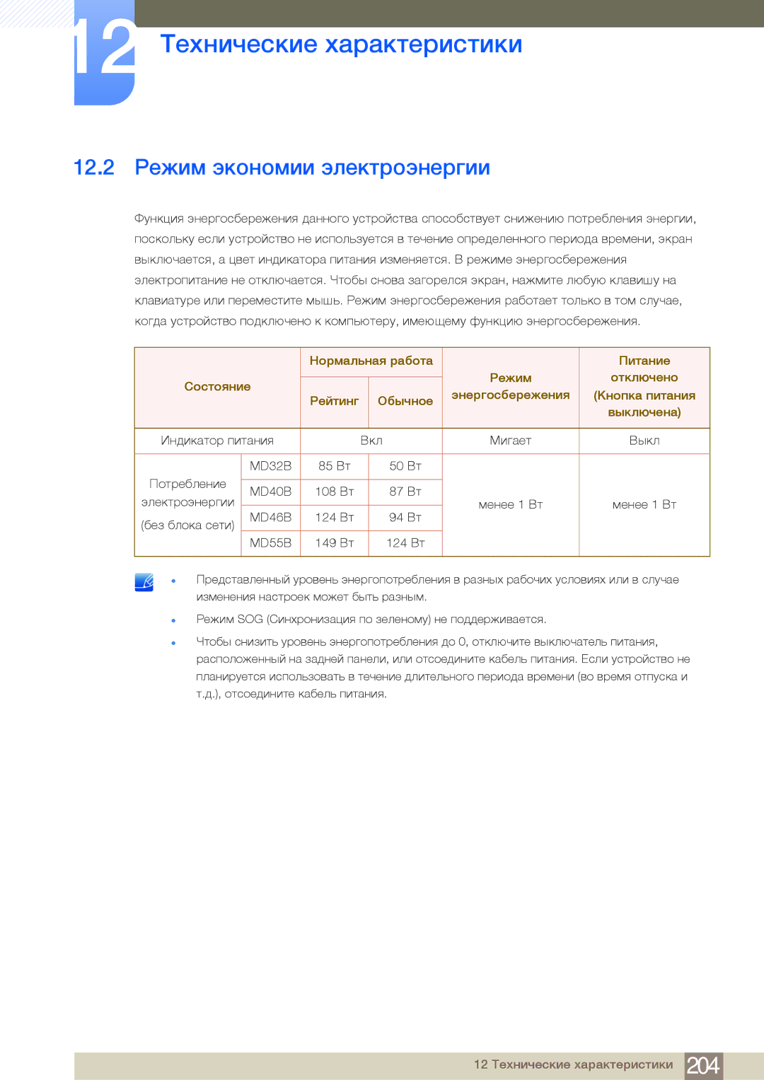 Samsung LH55MDBPLGC/EN, LH40MDBPLGC/EN, LH46MDBPLGC/EN, LH32MDBPLGC/EN manual 12.2 Режим экономии электроэнергии 