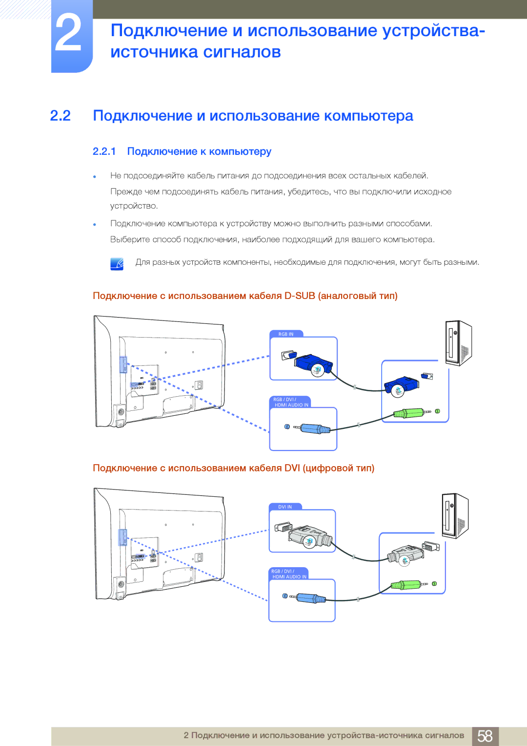 Samsung LH46MDBPLGC/EN, LH55MDBPLGC/EN, LH40MDBPLGC/EN Подключение и использование компьютера, 1 Подключение к компьютеру 