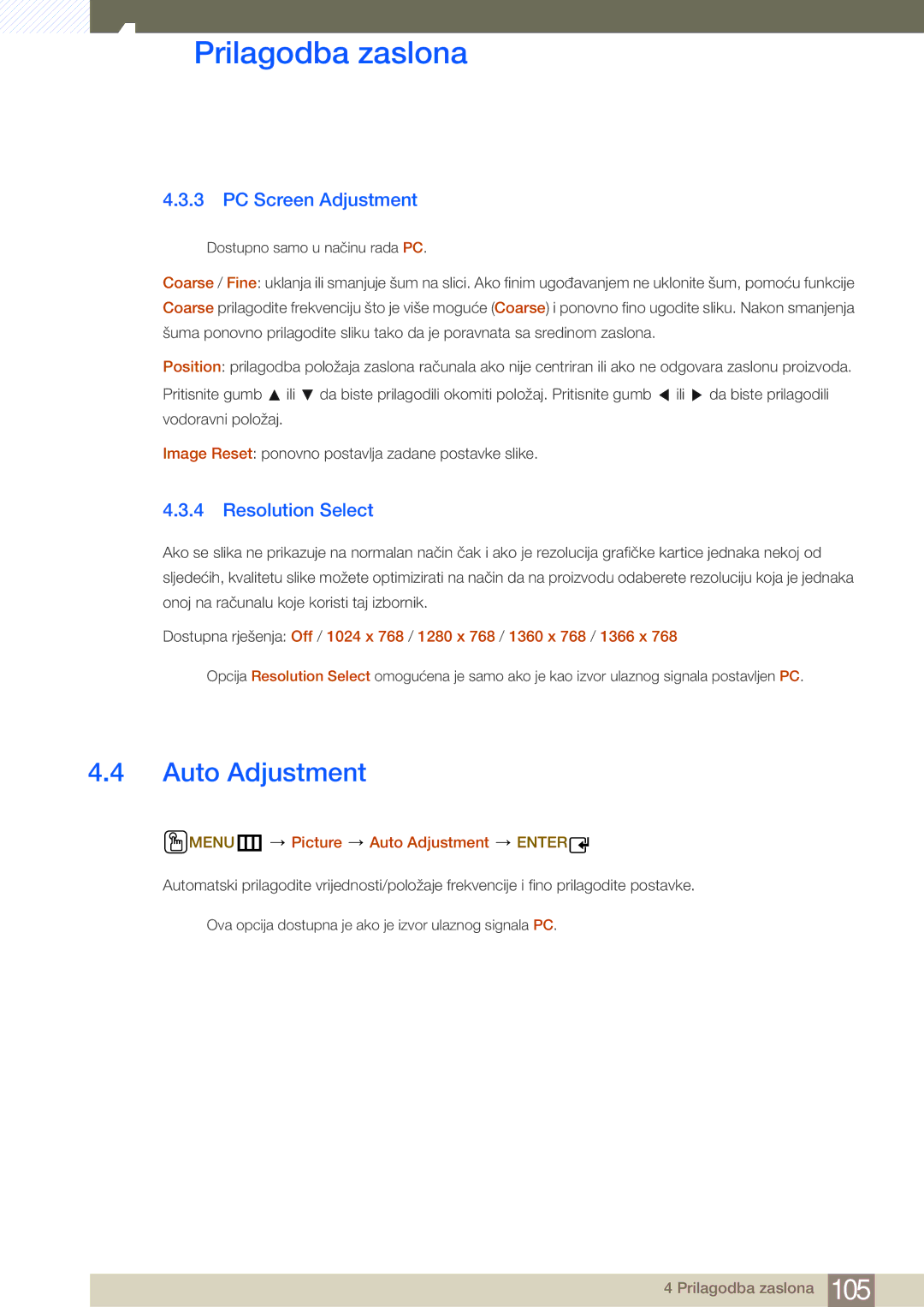 Samsung LH55MDBPLGC/EN, LH40MDBPLGC/EN PC Screen Adjustment, Resolution Select, MENUm Picture Auto Adjustment Enter 