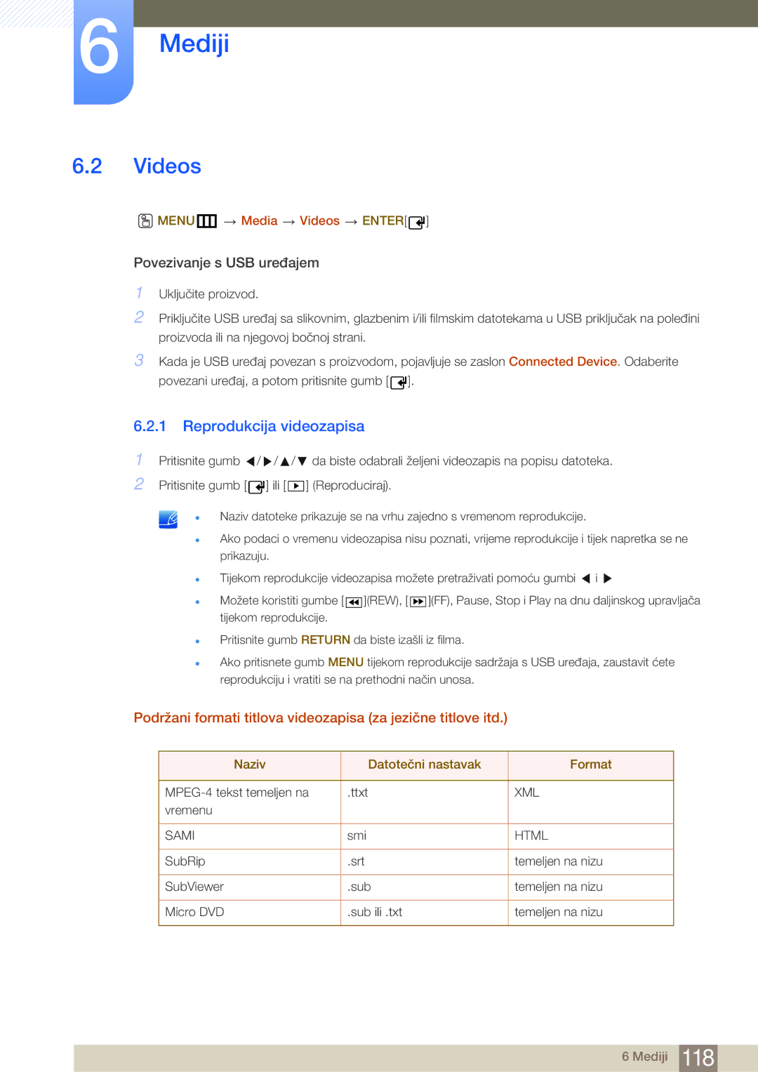 Samsung LH40MDBPLGC/EN manual Videos, Reprodukcija videozapisa, Podržani formati titlova videozapisa za jezične titlove itd 