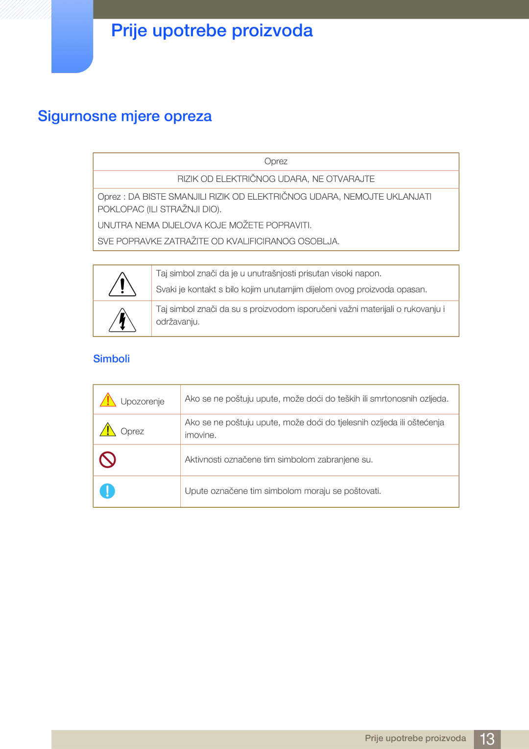 Samsung LH40MDBPLGC/EN, LH55MDBPLGC/EN, LH46MDBPLGC/EN manual Sigurnosne mjere opreza, Simboli, Oprez 