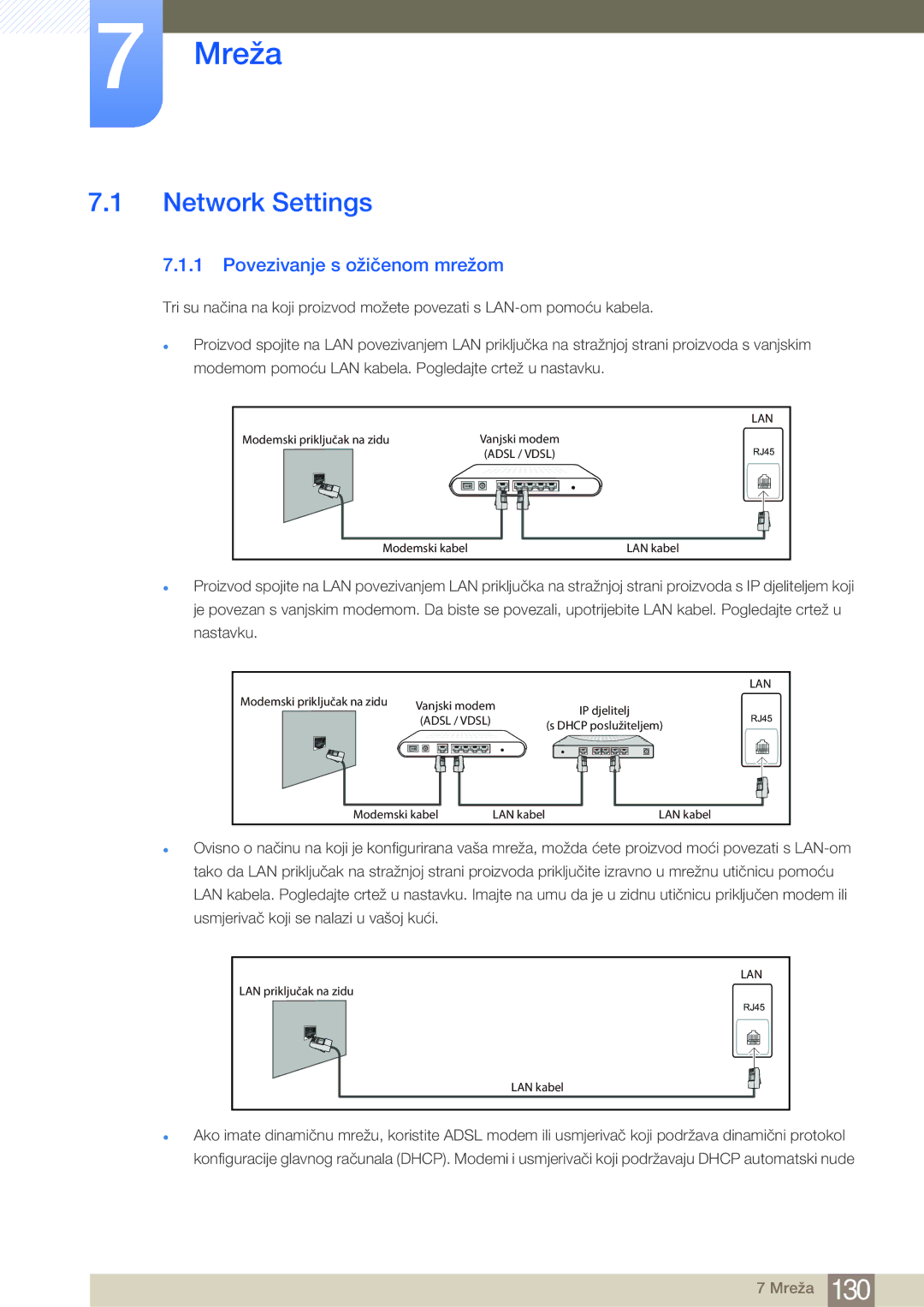 Samsung LH40MDBPLGC/EN, LH55MDBPLGC/EN, LH46MDBPLGC/EN manual Mreža, Network Settings, Povezivanje s ožičenom mrežom 