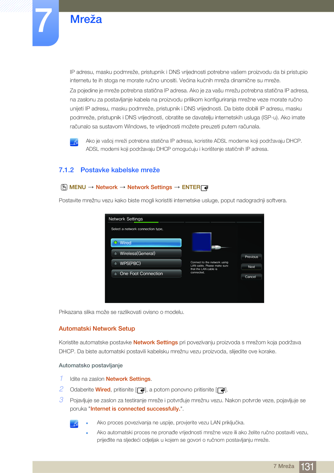 Samsung LH46MDBPLGC/EN manual Postavke kabelske mreže, Automatski Network Setup, Menu Network Network Settings Enter 