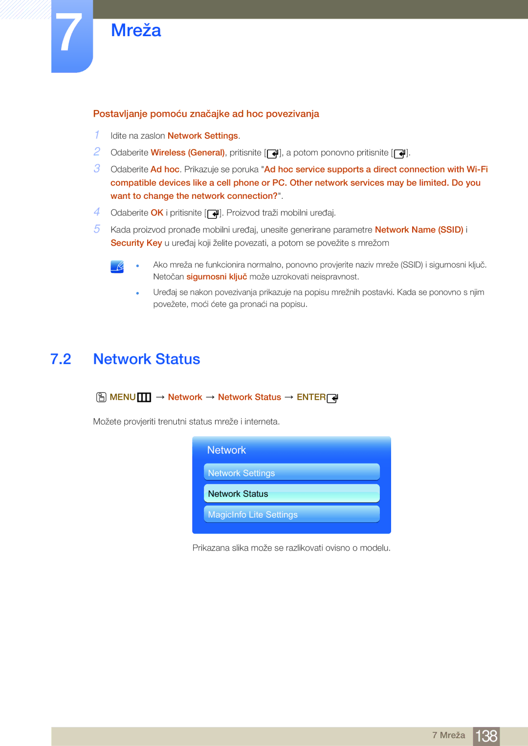 Samsung LH55MDBPLGC/EN manual Postavljanje pomoću značajke ad hoc povezivanja, MENUm Network Network Status Enter 