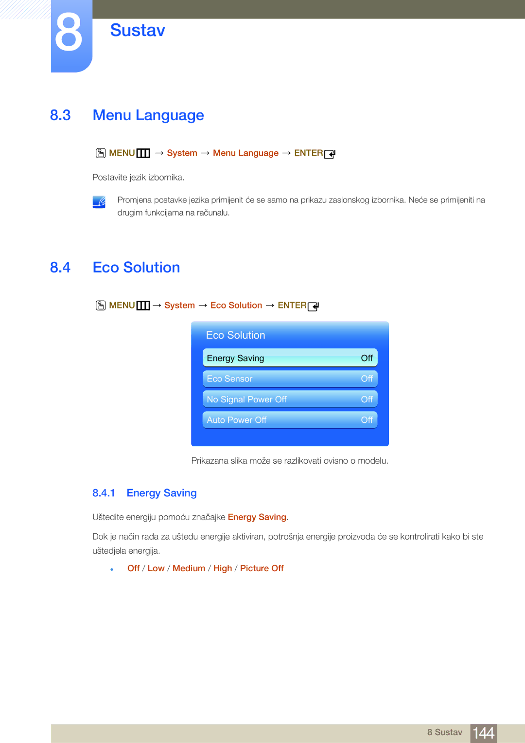 Samsung LH55MDBPLGC/EN, LH40MDBPLGC/EN, LH46MDBPLGC/EN manual Menu Language, Eco Solution, Energy Saving 