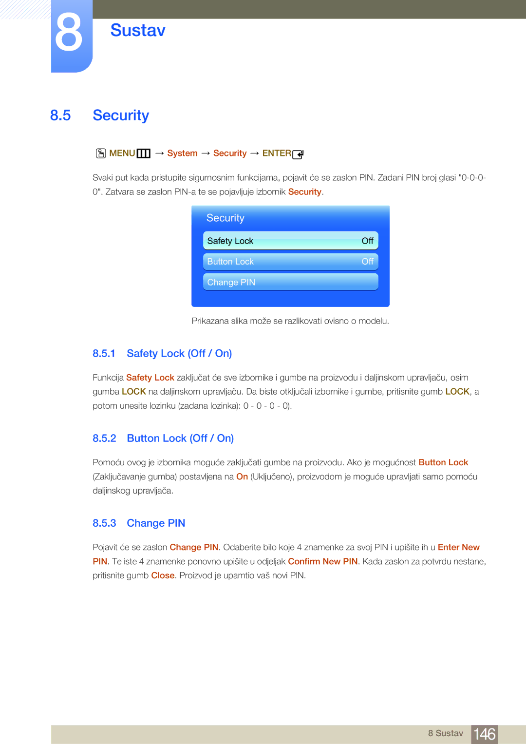 Samsung LH46MDBPLGC/EN manual Safety Lock Off / On, Button Lock Off / On, Change PIN, MENUm System Security Enter 