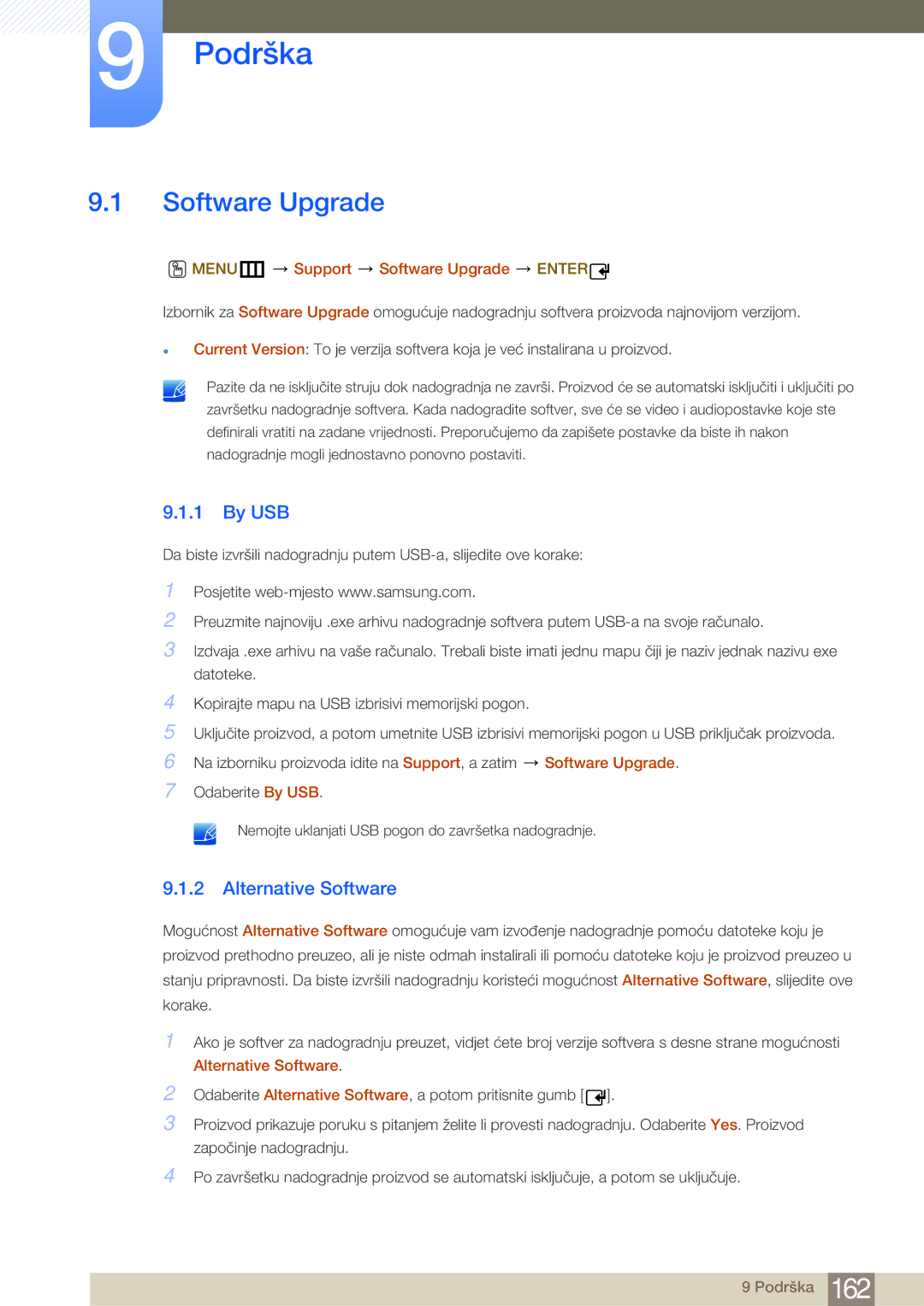 Samsung LH55MDBPLGC/EN, LH40MDBPLGC/EN, LH46MDBPLGC/EN manual Podrška, Software Upgrade, By USB, Alternative Software 