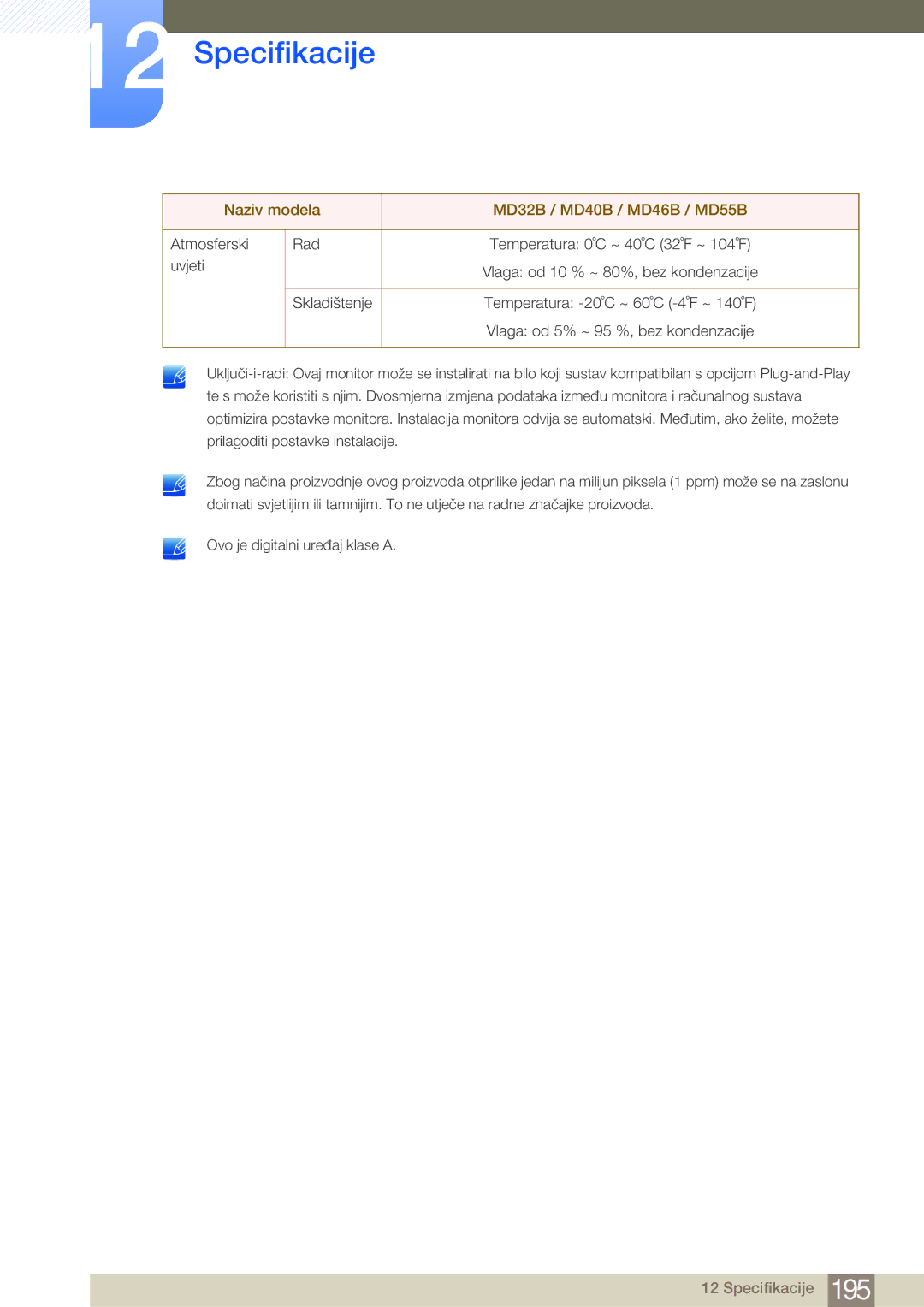 Samsung LH55MDBPLGC/EN, LH40MDBPLGC/EN, LH46MDBPLGC/EN manual Atmosferski Rad, Uvjeti, Skladištenje 