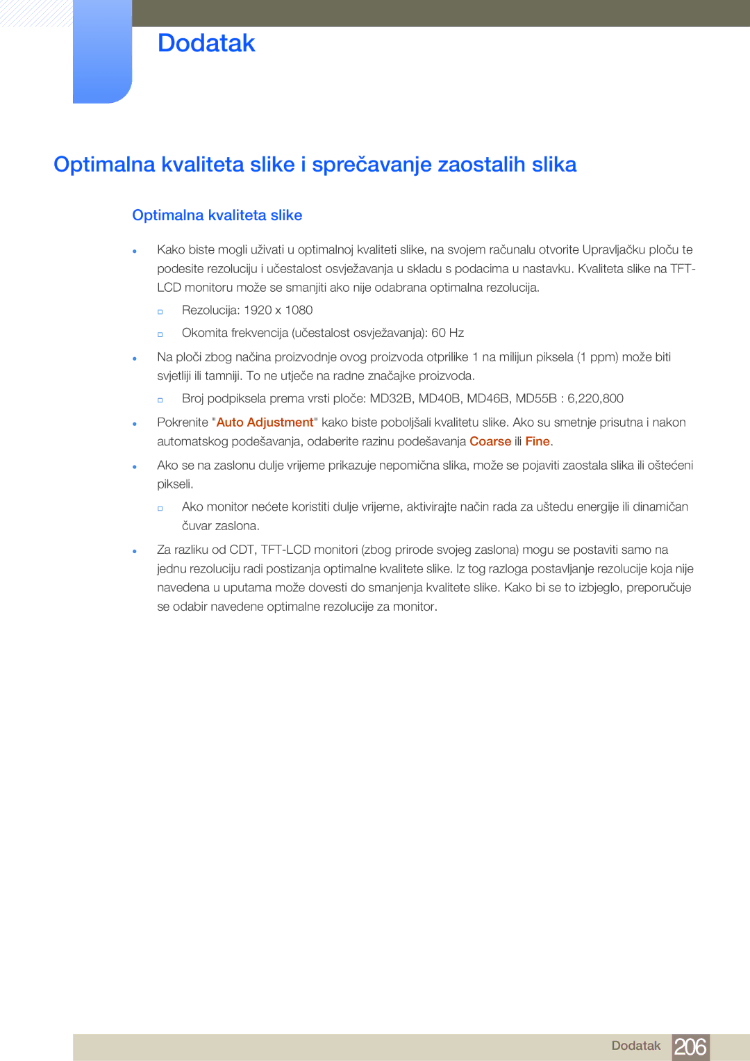 Samsung LH46MDBPLGC/EN, LH55MDBPLGC/EN, LH40MDBPLGC/EN manual Optimalna kvaliteta slike i sprečavanje zaostalih slika 