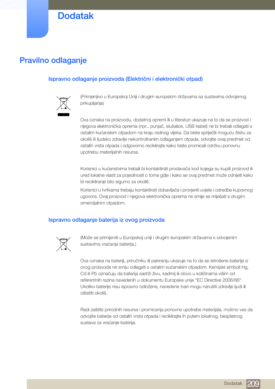 Samsung LH46MDBPLGC/EN, LH55MDBPLGC/EN, LH40MDBPLGC/EN Pravilno odlaganje, Ispravno odlaganje baterija iz ovog proizvoda 