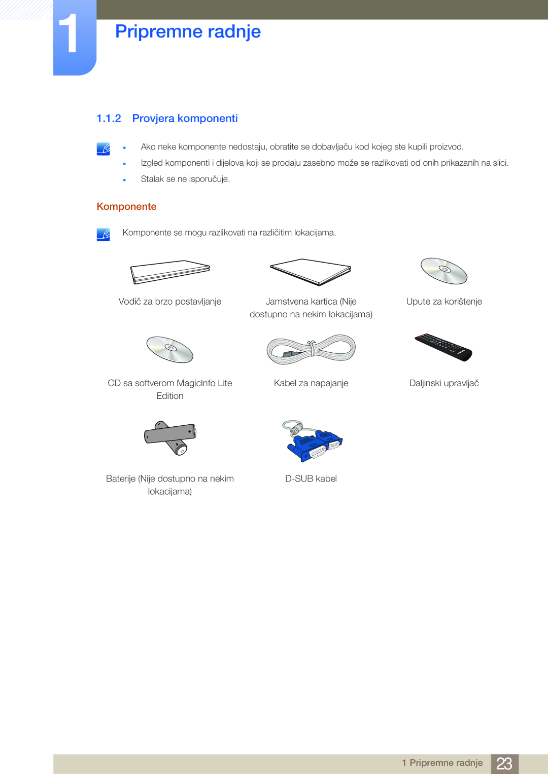 Samsung LH46MDBPLGC/EN manual Provjera komponenti, Komponente, CD sa softverom MagicInfo Lite Kabel za napajanje, SUB kabel 